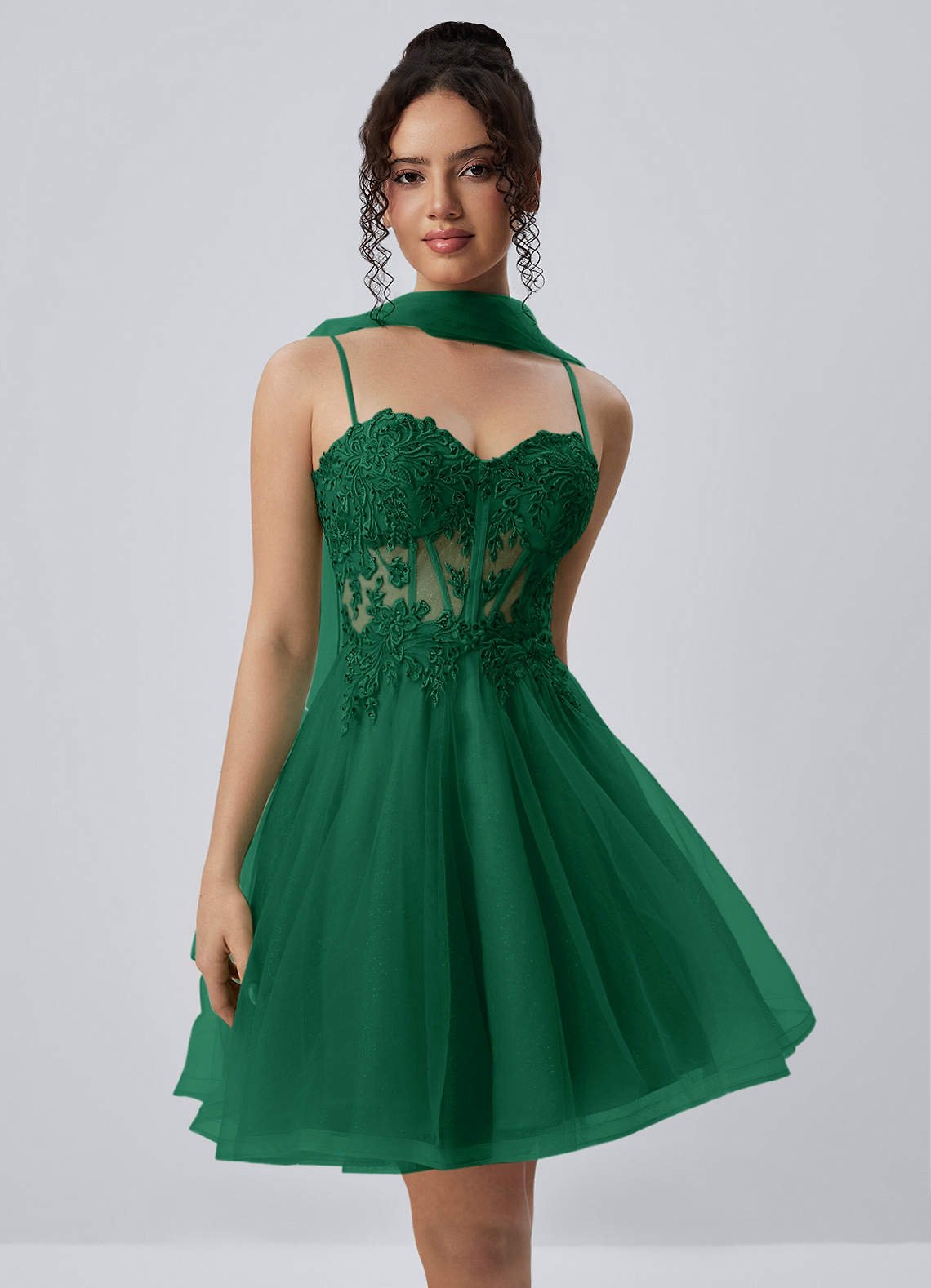 Thalassienne A-Line Mini Corset Glitter Tulle Prom Dress in Dark Green