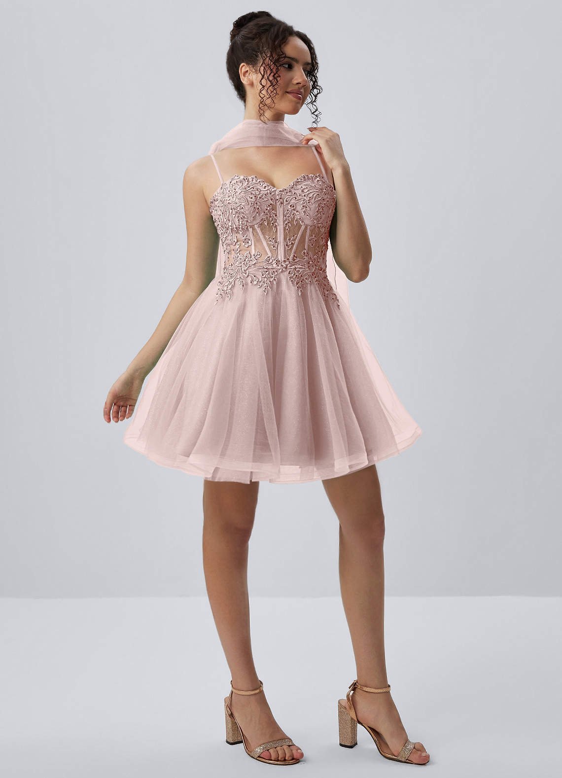 Thalassienne A-Line Mini Corset Glitter Tulle Prom Dress in Dusty Pink