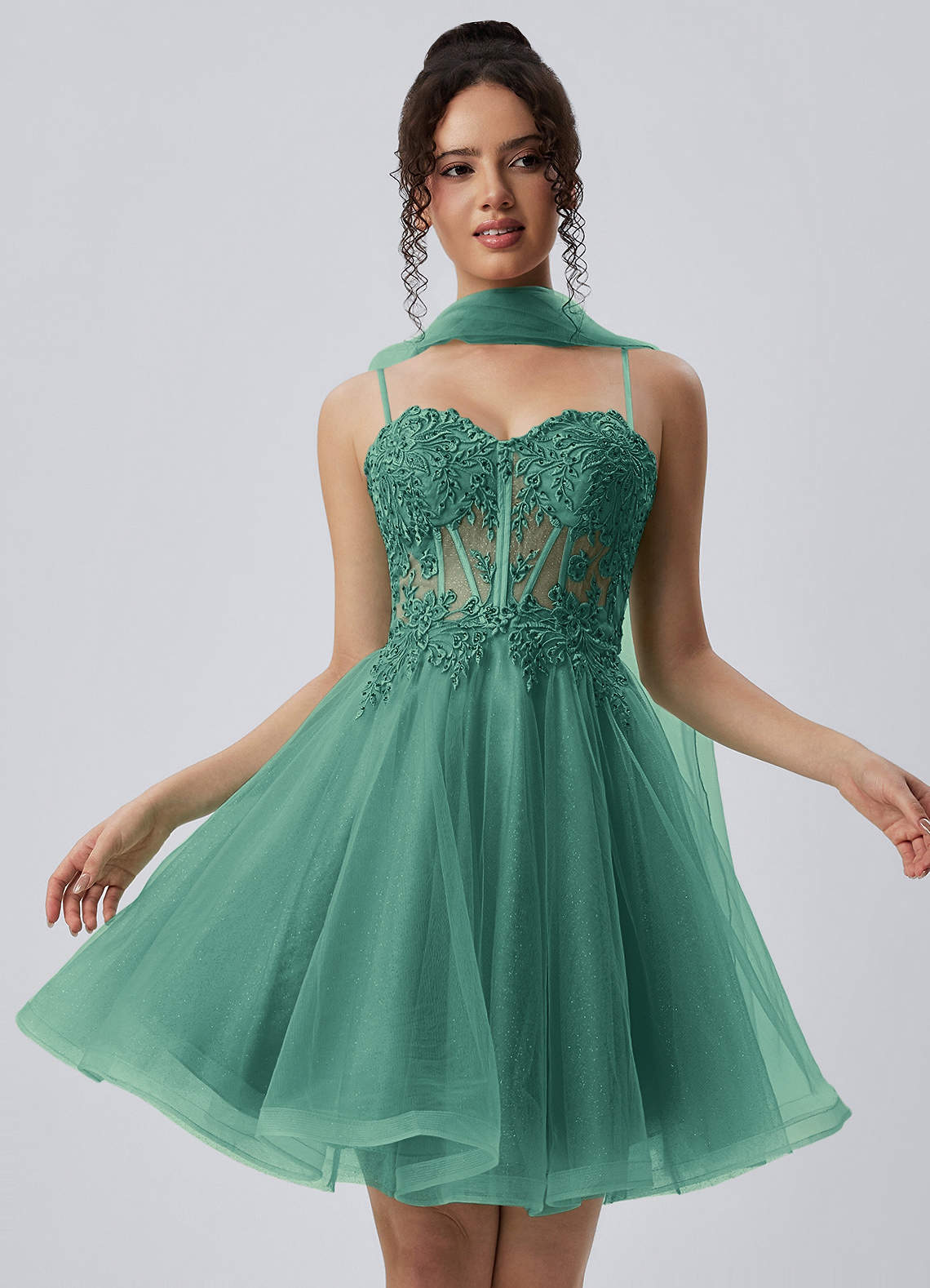 Thalassienne A-Line Mini Corset Glitter Tulle Prom Dress in champagne