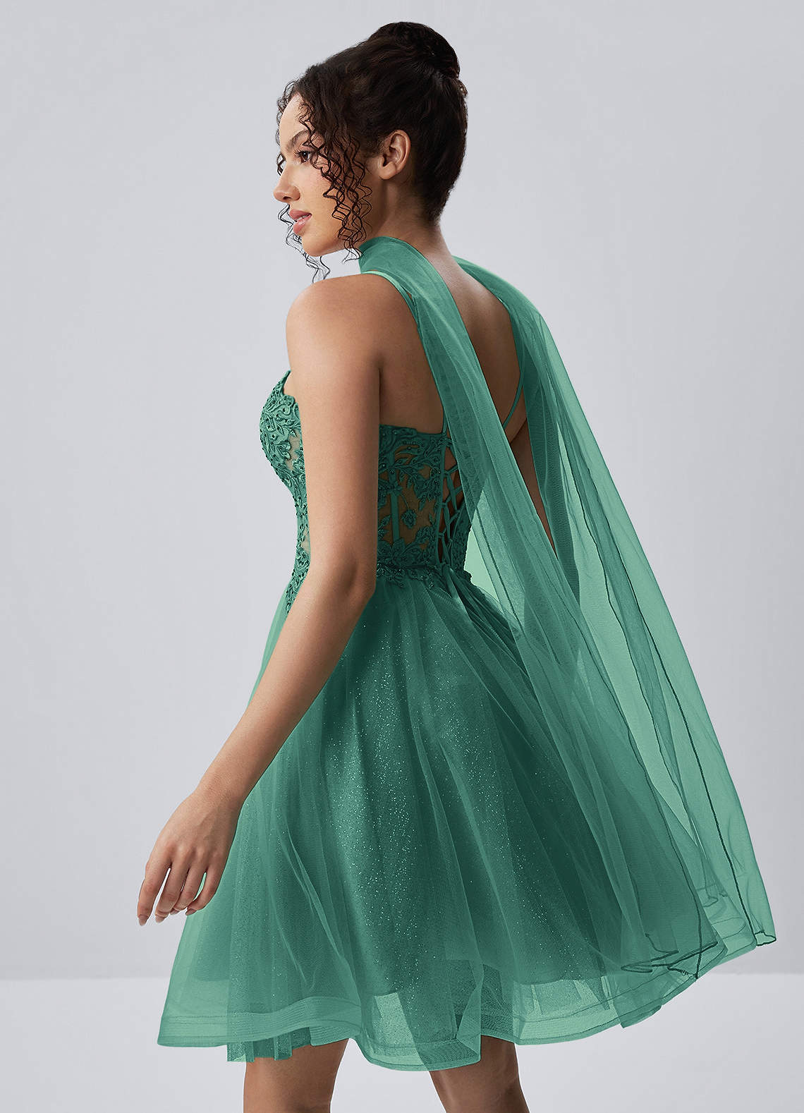 Thalassienne A-Line Mini Corset Glitter Tulle Prom Dress in Basil