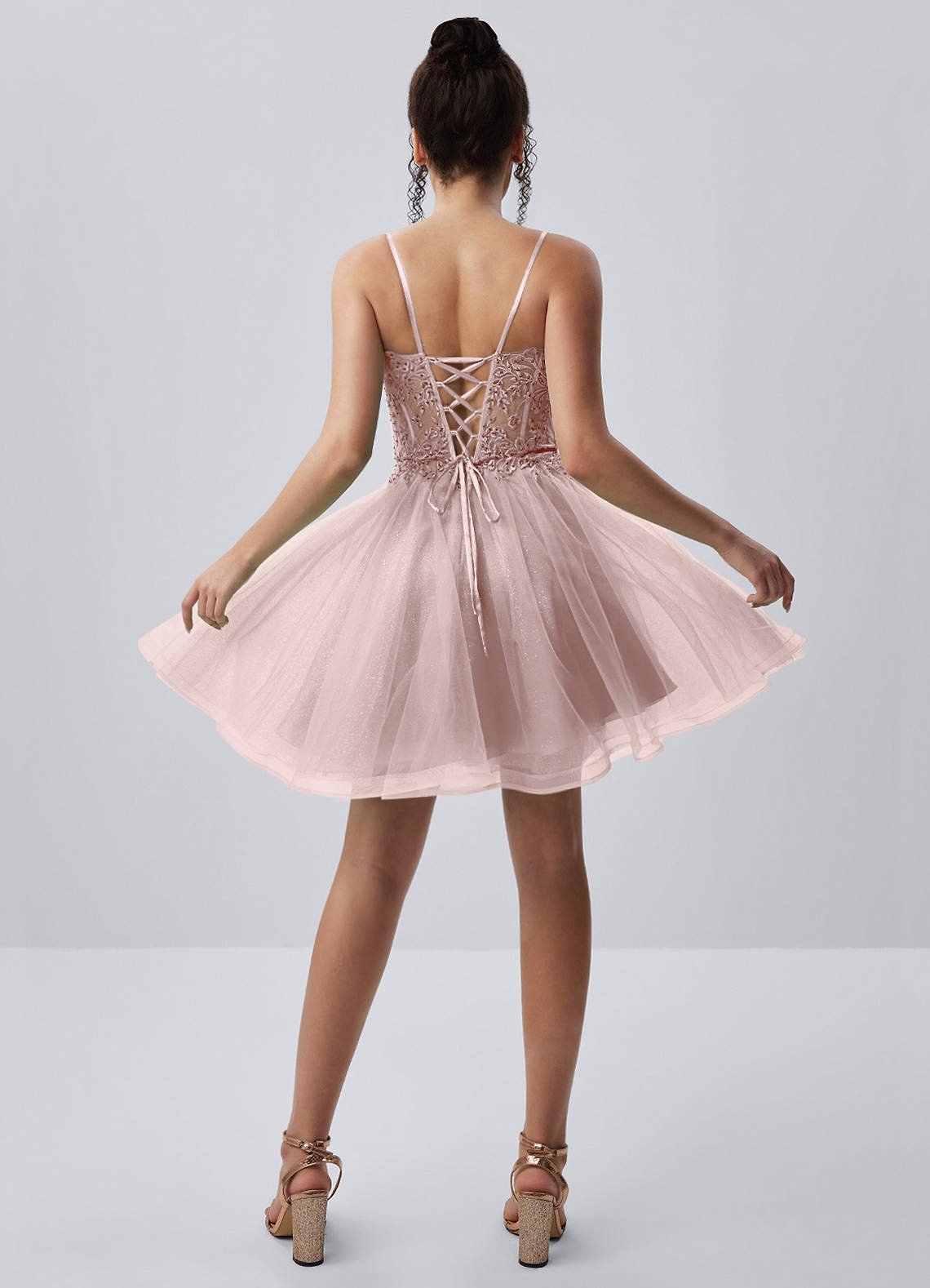 Thalassienne A-Line Mini Corset Glitter Tulle Prom Dress in Dusty Pink