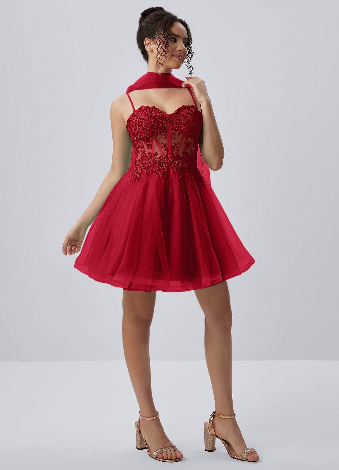 Thalassienne A-Line Mini Corset Glitter Tulle Prom Dress in Red