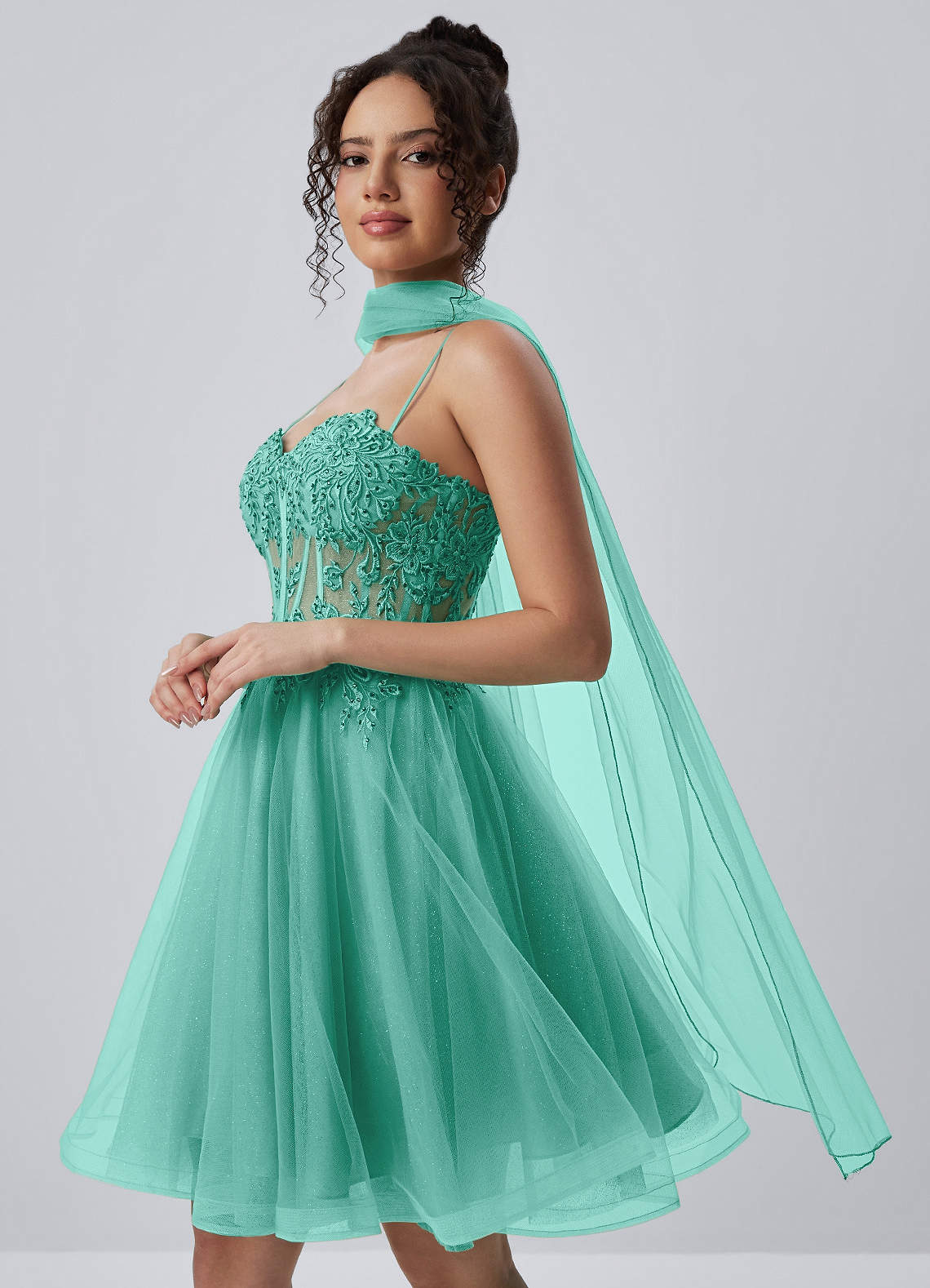 Thalassienne A-Line Mini Corset Glitter Tulle Prom Dress in Light Green
