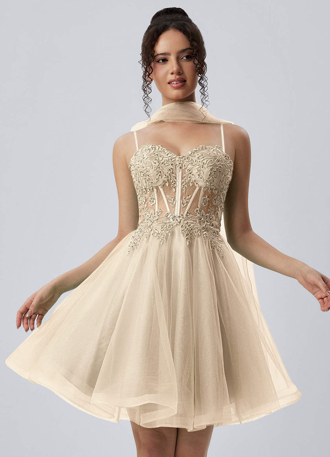Thalassienne A-Line Mini Corset Glitter Tulle Prom Dress in champagne