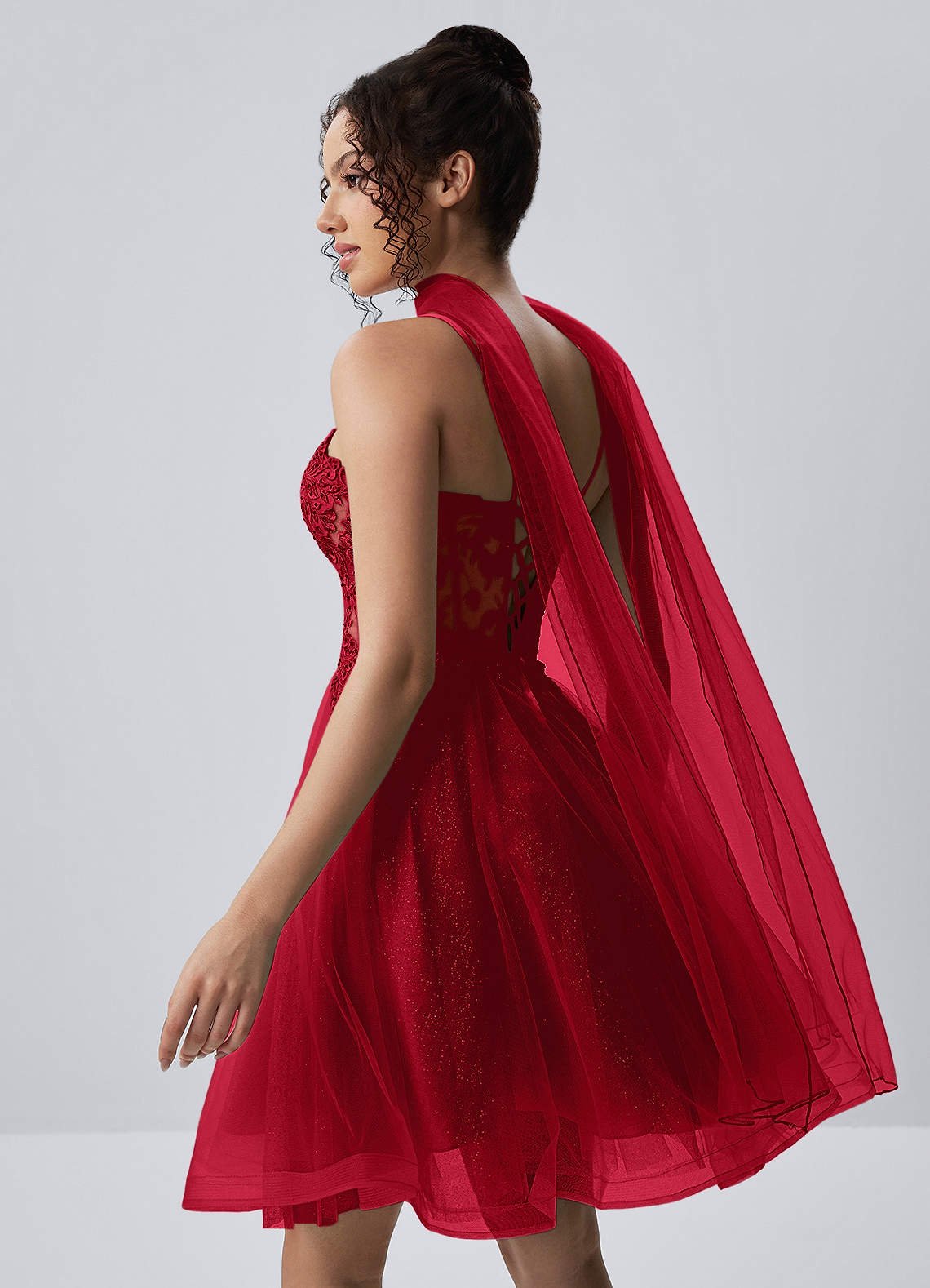 Thalassienne A-Line Mini Corset Glitter Tulle Prom Dress in Red