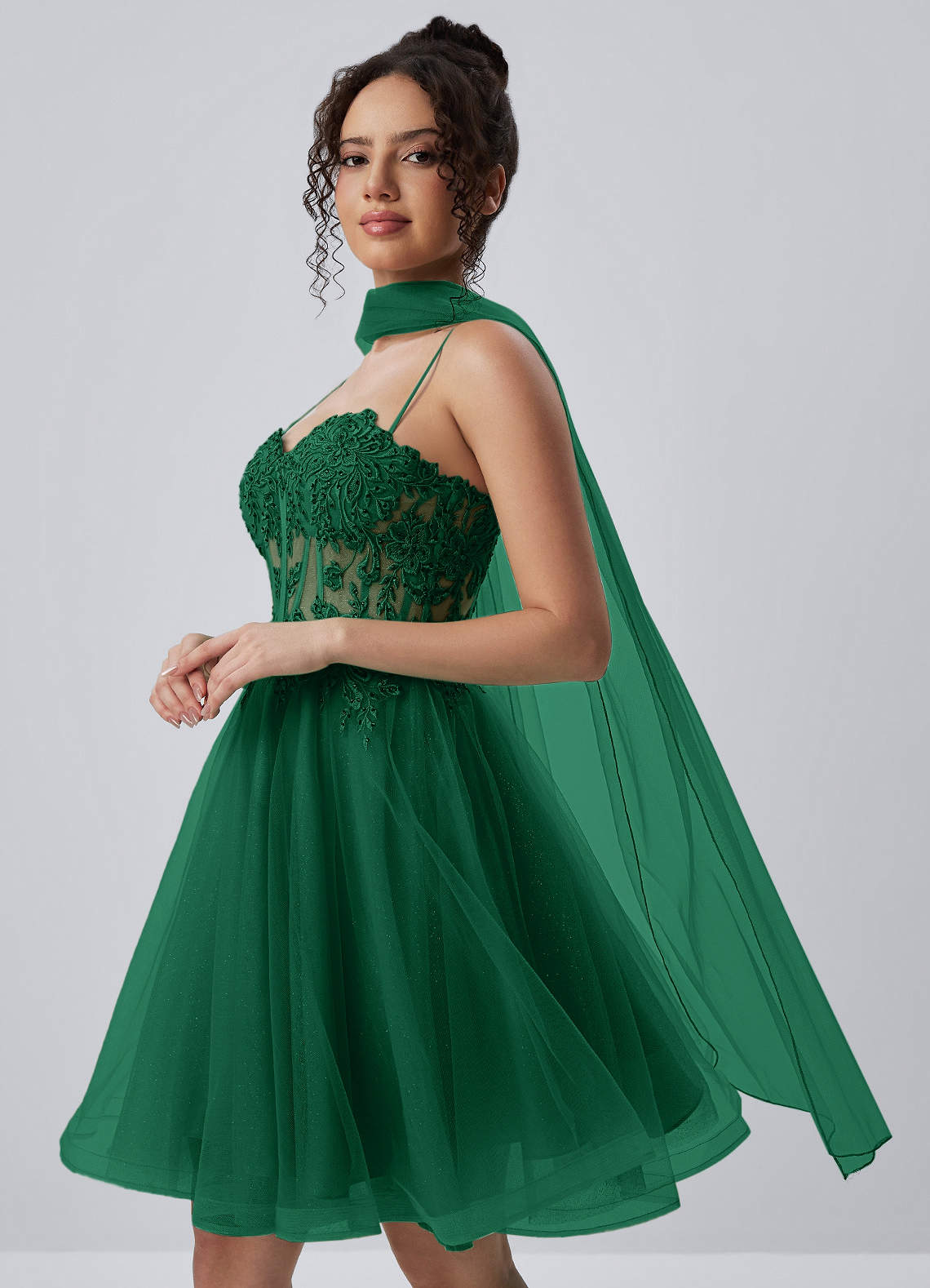 Thalassienne A-Line Mini Corset Glitter Tulle Prom Dress in Dark Green