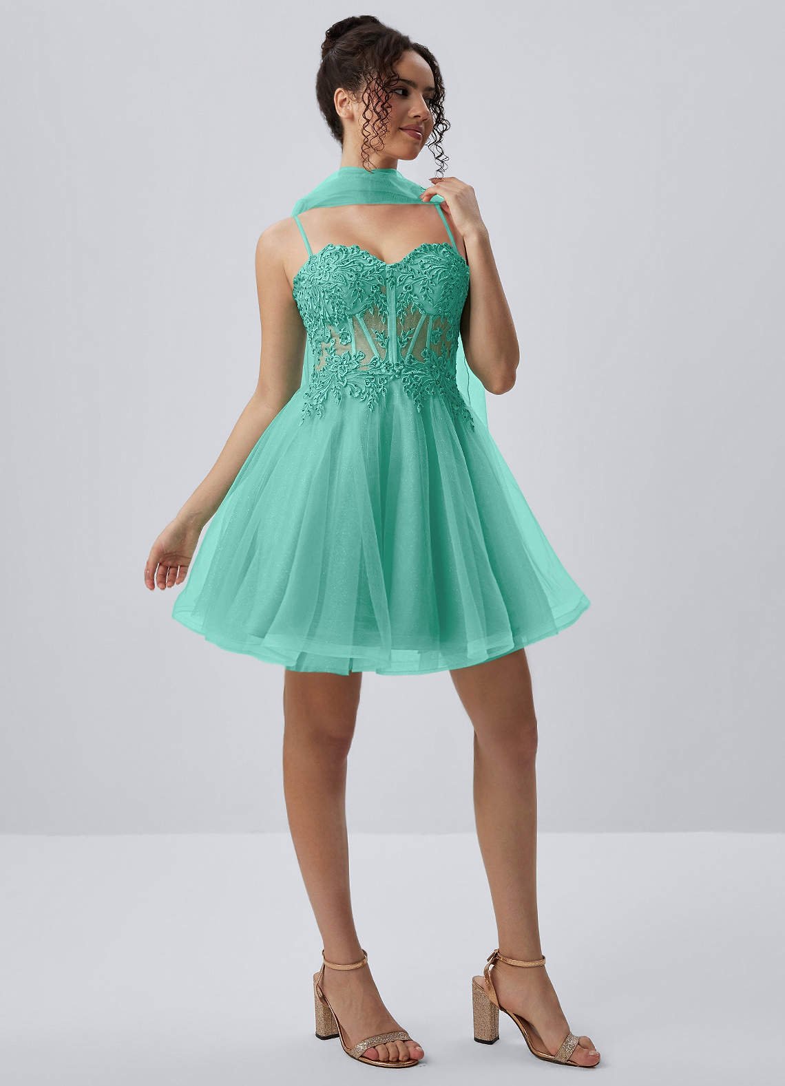 Thalassienne A-Line Mini Corset Glitter Tulle Prom Dress in Light Green