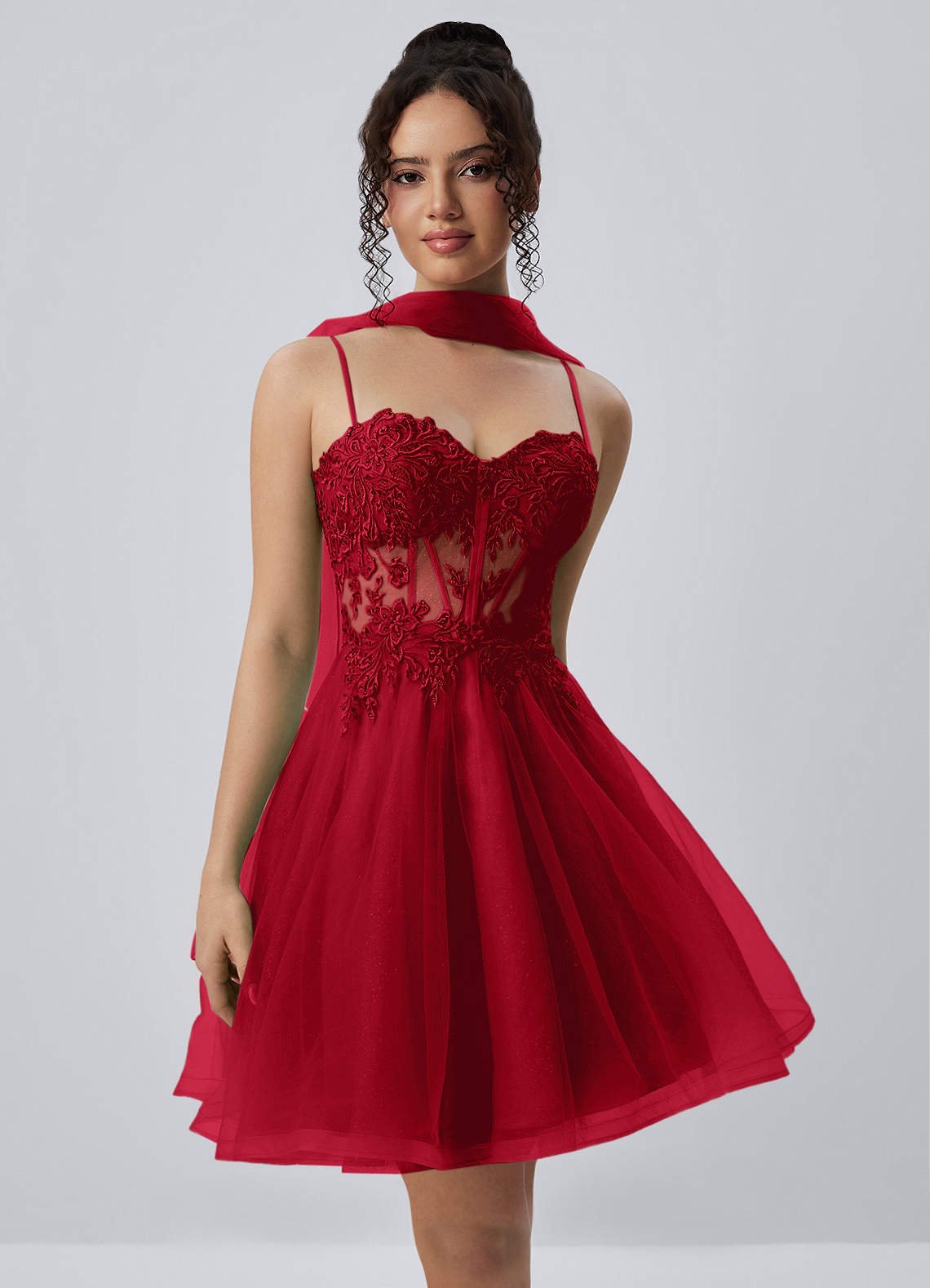Thalassienne A-Line Mini Corset Glitter Tulle Prom Dress in Red