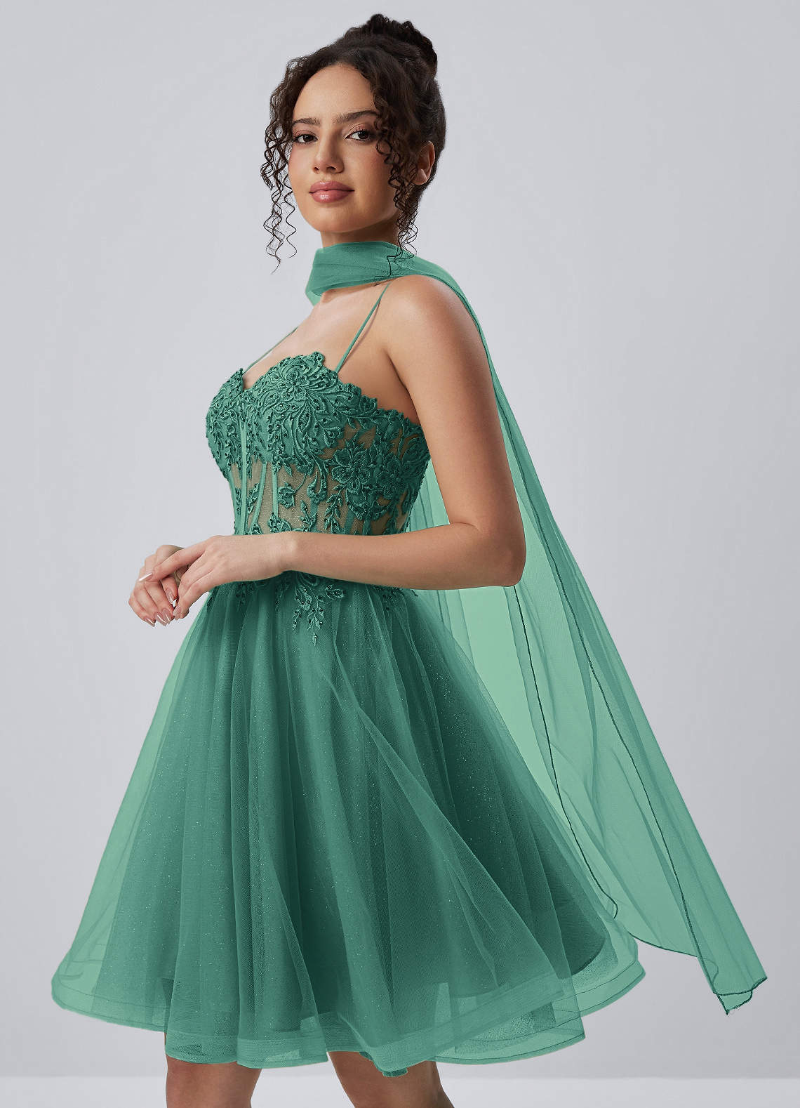 Thalassienne A-Line Mini Corset Glitter Tulle Prom Dress in Basil