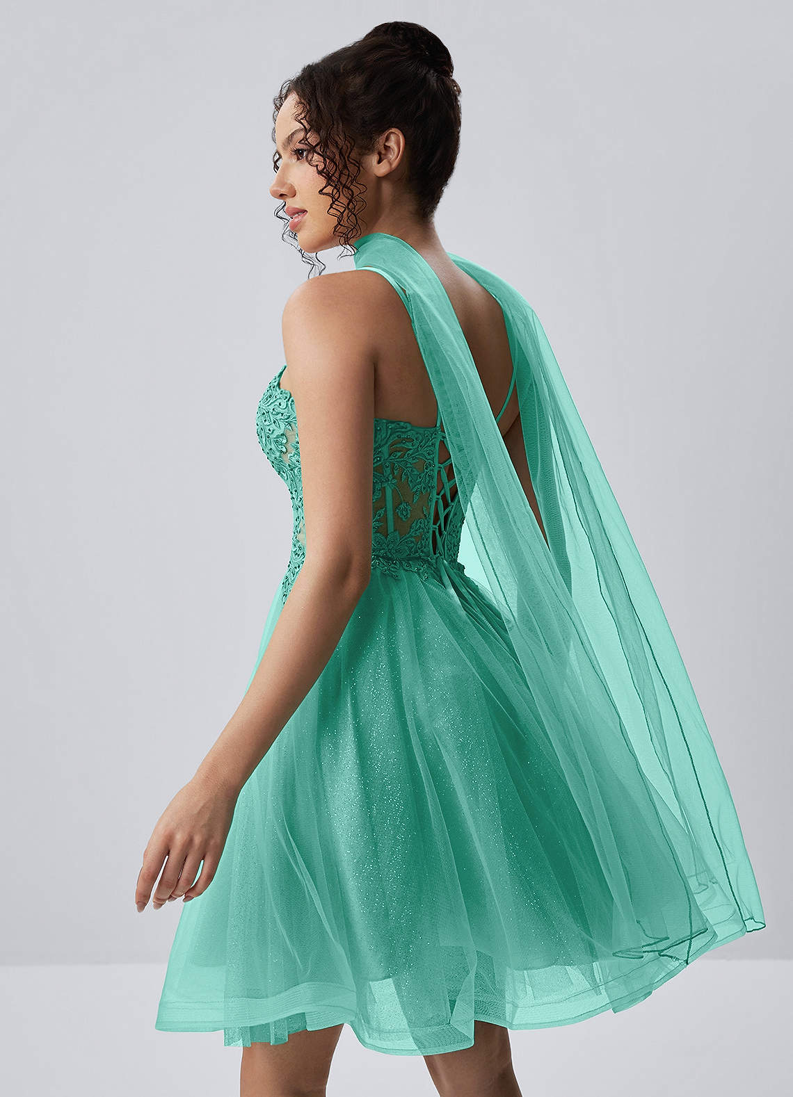 Thalassienne A-Line Mini Corset Glitter Tulle Prom Dress in Light Green