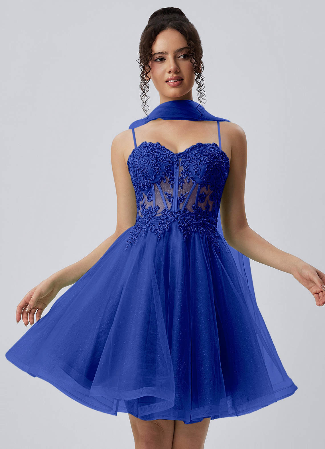 Thalassienne A-Line Mini Corset Glitter Tulle Prom Dress in champagne