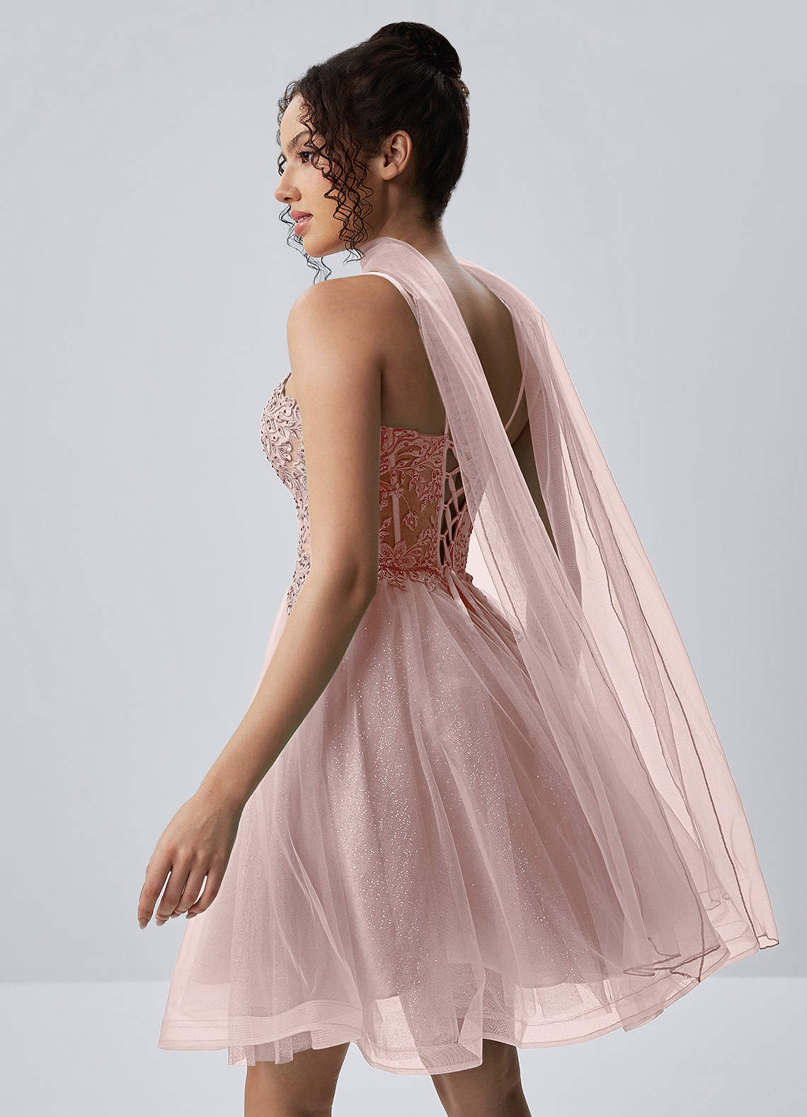 Thalassienne A-Line Mini Corset Glitter Tulle Prom Dress in Dusty Pink