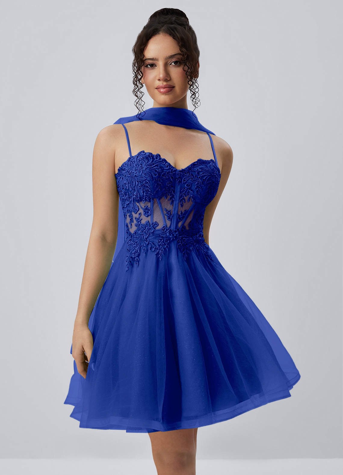 Thalassienne A-Line Mini Corset Glitter Tulle Prom Dress in Royal Blue