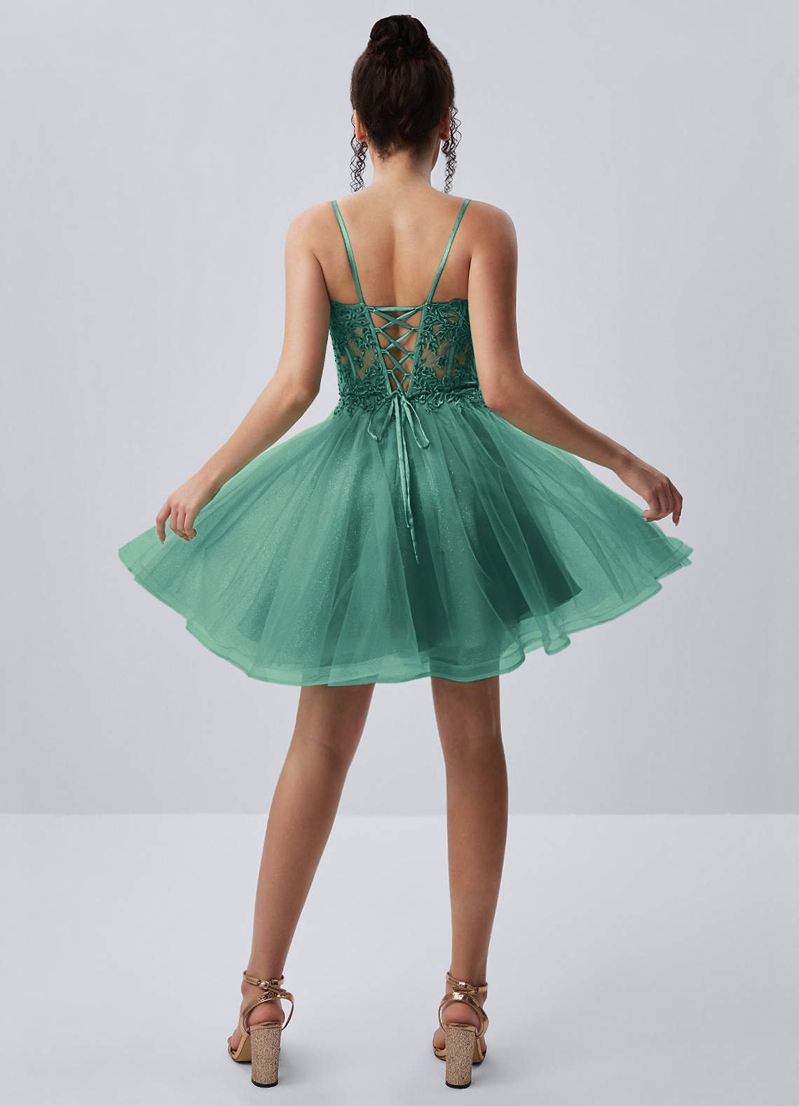 Thalassienne A-Line Mini Corset Glitter Tulle Prom Dress in Basil