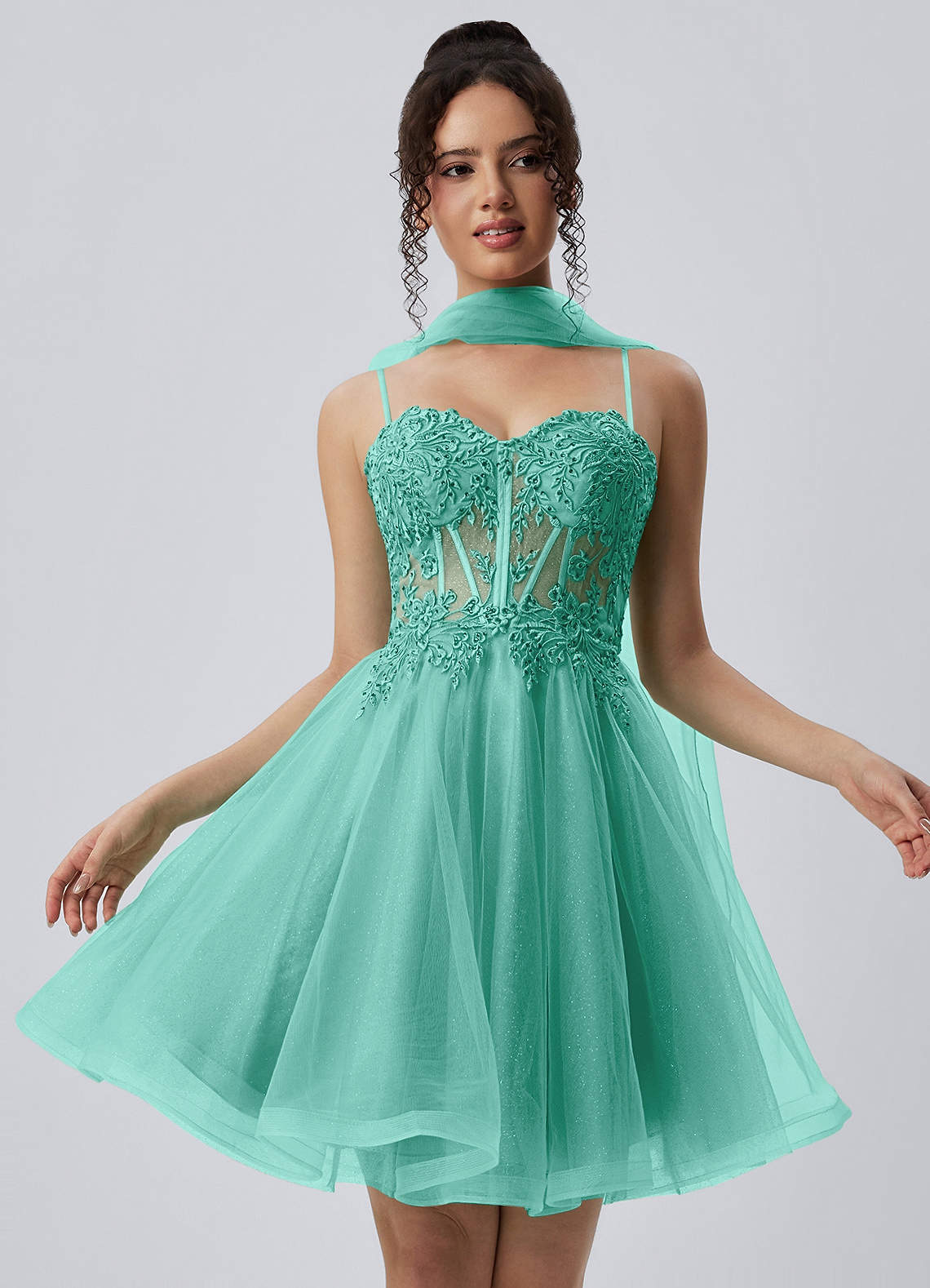 Thalassienne A-Line Mini Corset Glitter Tulle Prom Dress in champagne