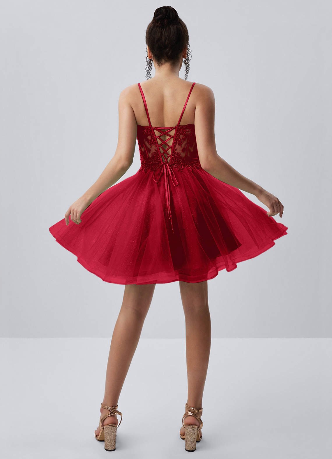 Thalassienne A-Line Mini Corset Glitter Tulle Prom Dress in Red