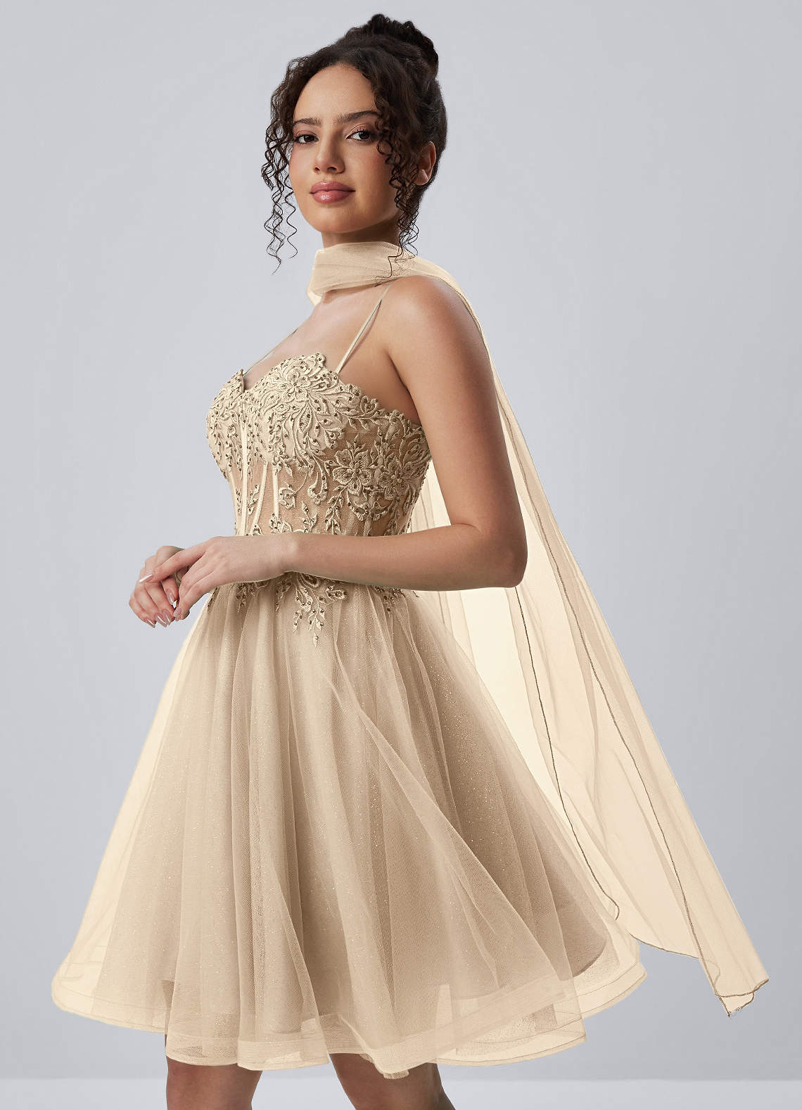 Thalassienne A-Line Mini Corset Glitter Tulle Prom Dress in champagne