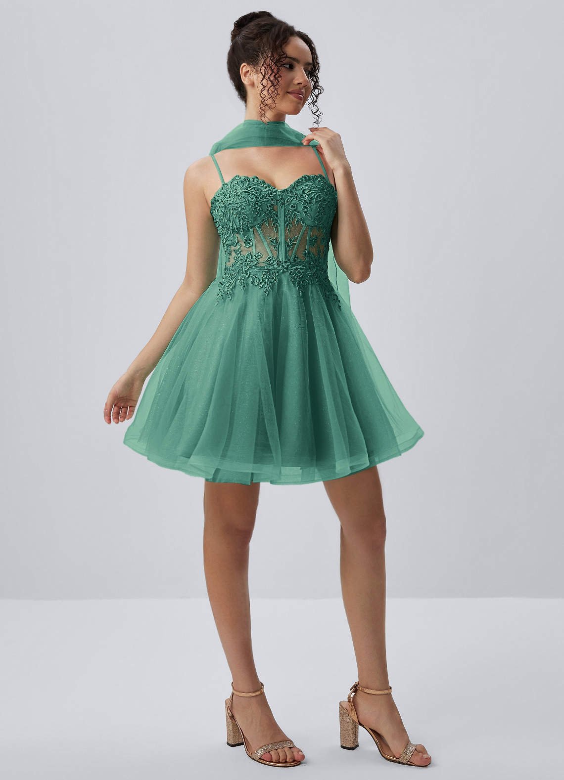Thalassienne A-Line Mini Corset Glitter Tulle Prom Dress in Basil