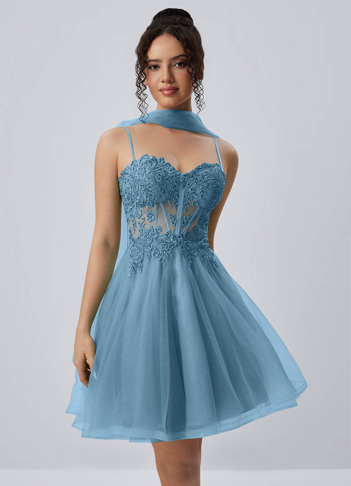 Thalassienne A-Line Mini Corset Glitter Tulle Prom Dress in Sky Blue