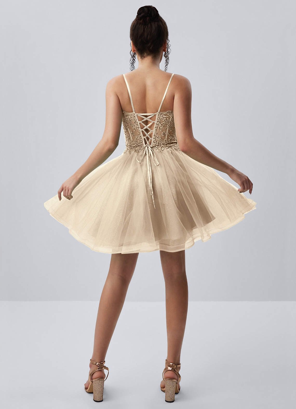 Thalassienne A-Line Mini Corset Glitter Tulle Prom Dress in champagne
