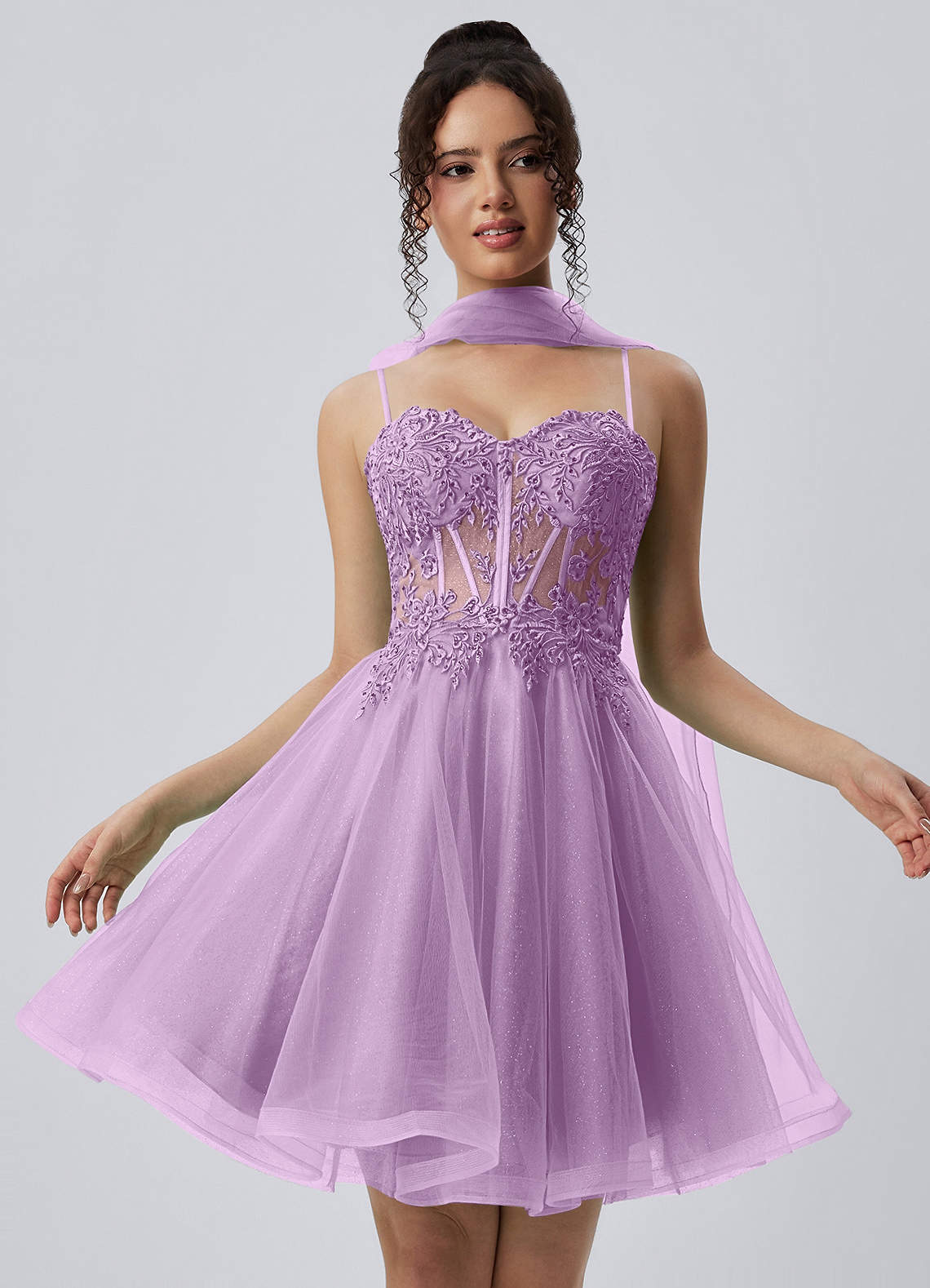 Thalassienne A-Line Mini Corset Glitter Tulle Prom Dress in champagne