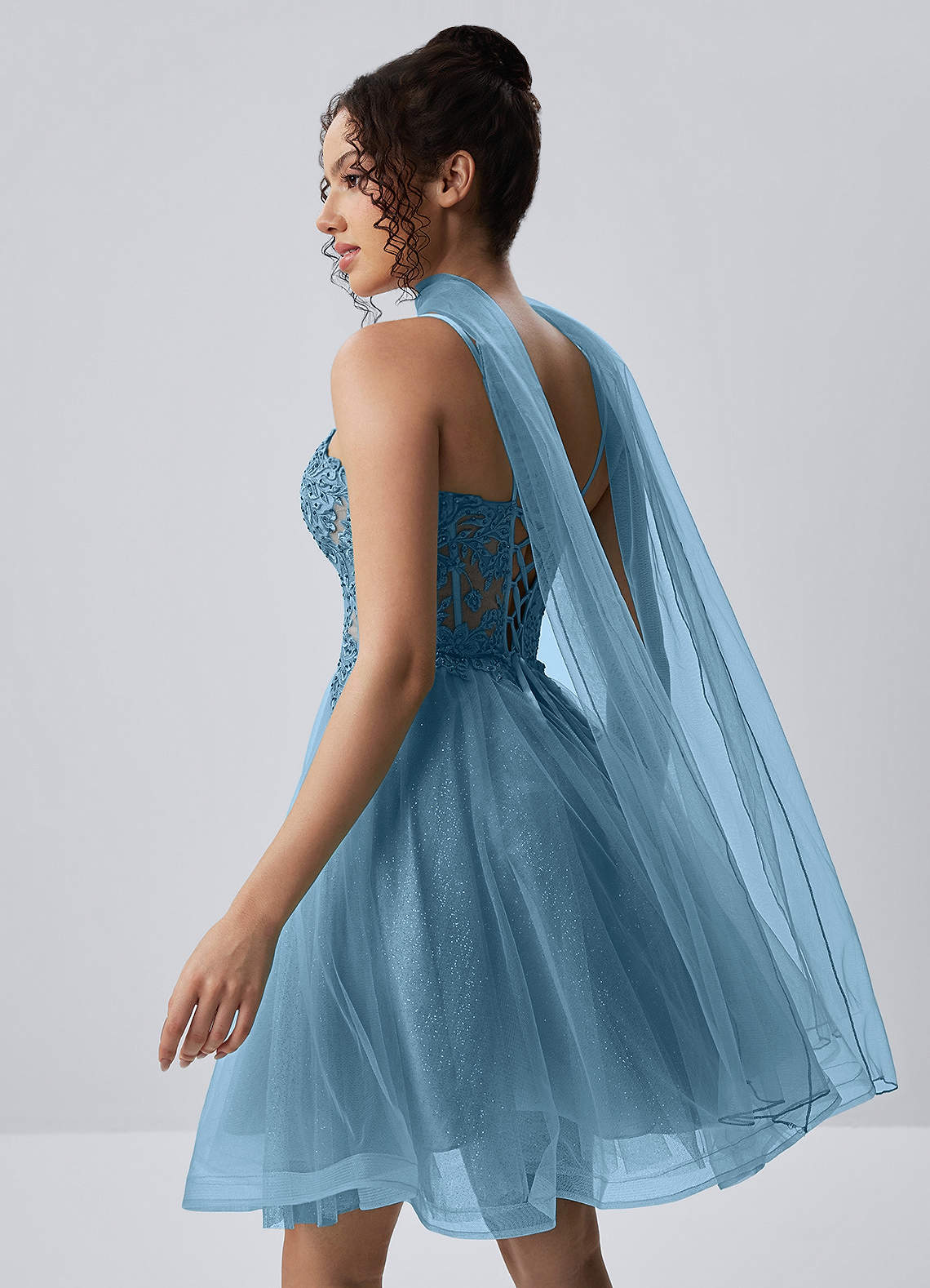 Thalassienne A-Line Mini Corset Glitter Tulle Prom Dress in Sky Blue