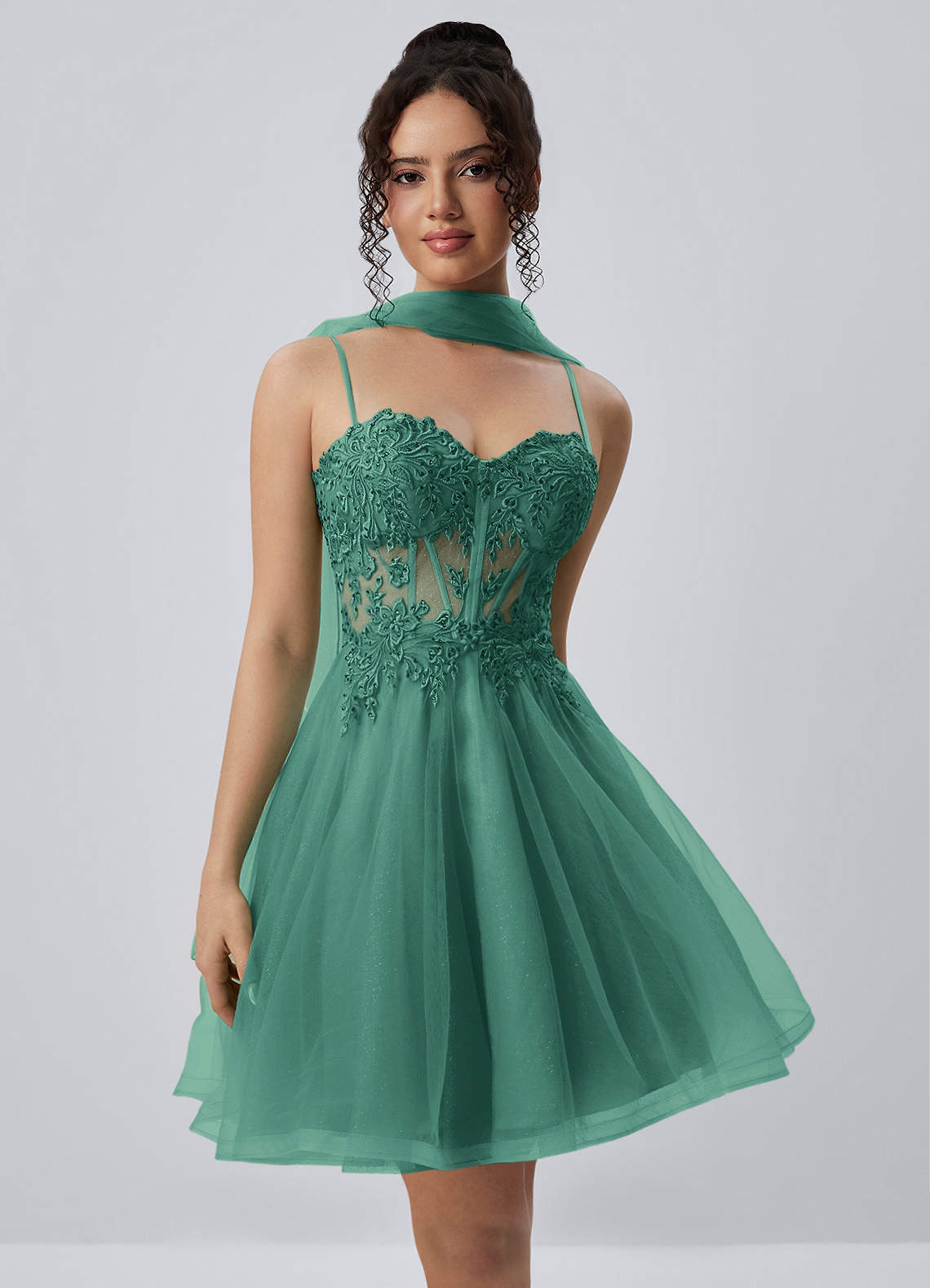 Thalassienne A-Line Mini Corset Glitter Tulle Prom Dress in Basil
