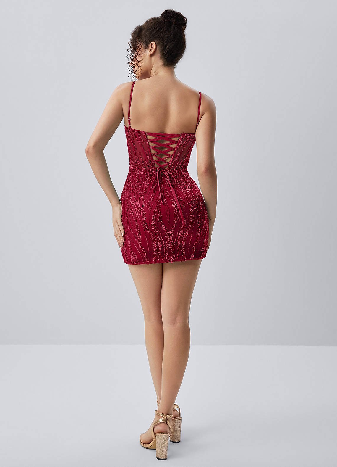 Tinalen Mini Corset Beaded Sequin Mesh Prom Dress in Burgundy