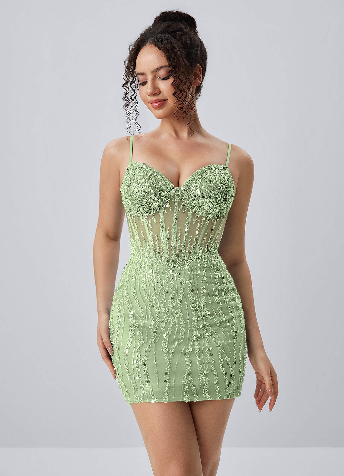 Tinalen Mini Corset Beaded Sequin Mesh Prom Dress in Ice
