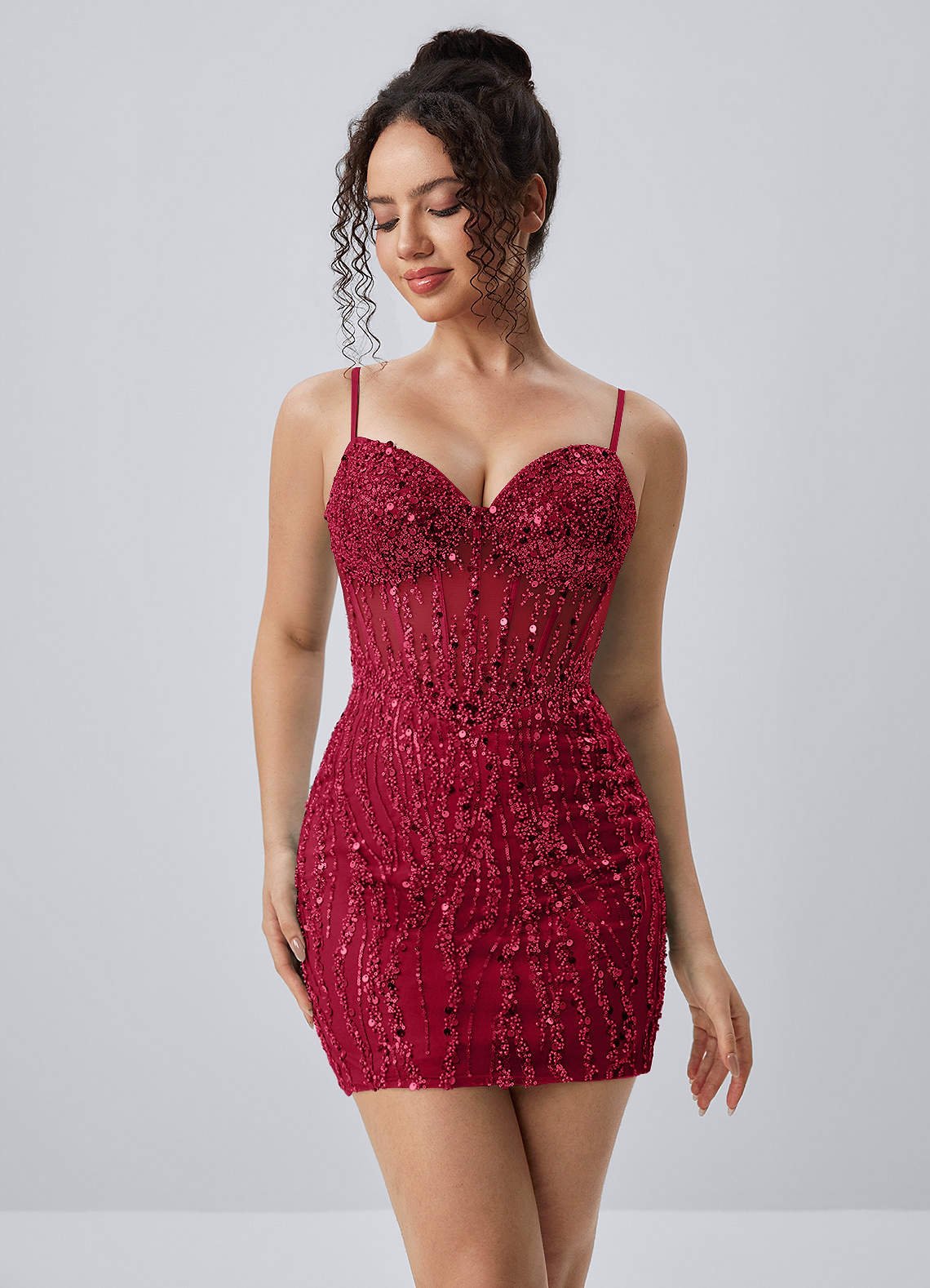 Tinalen Mini Corset Beaded Sequin Mesh Prom Dress in Ice