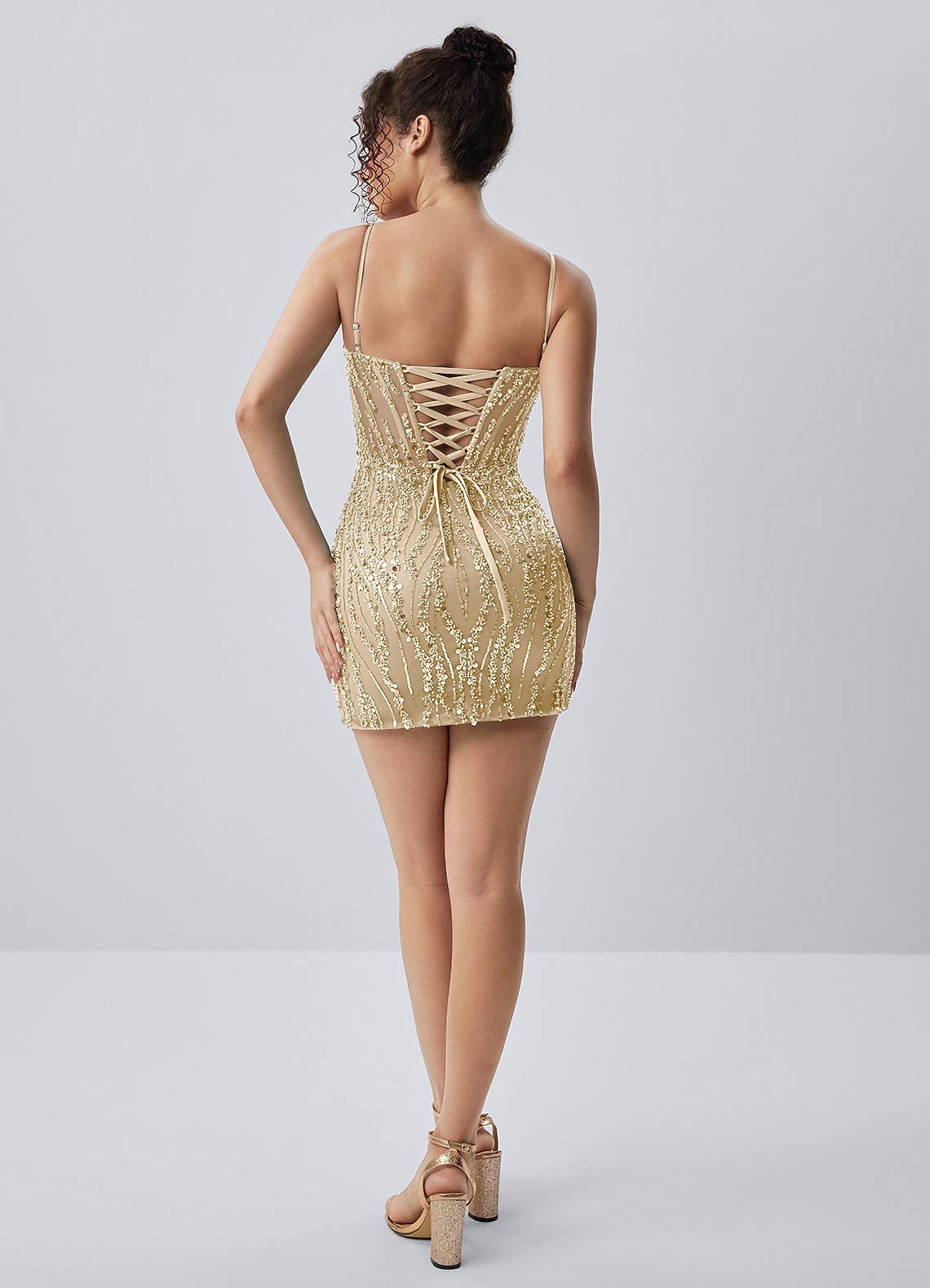 Tinalen Mini Corset Beaded Sequin Mesh Prom Dress in champagne