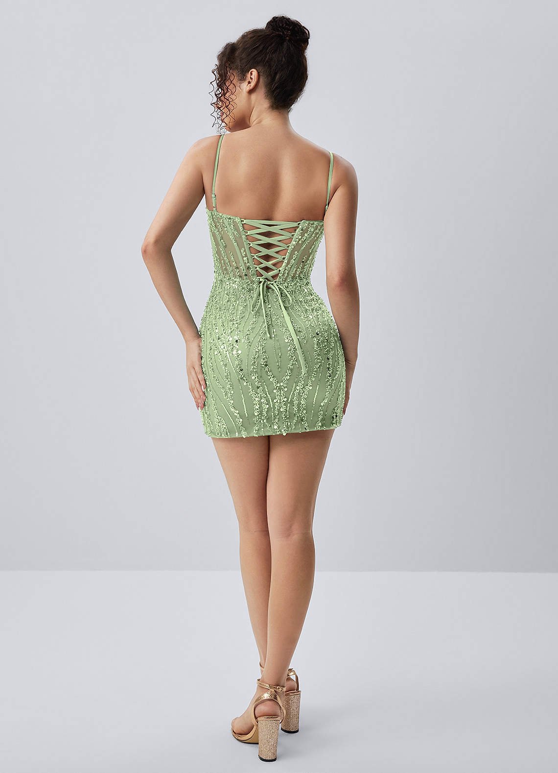 Tinalen Mini Corset Beaded Sequin Mesh Prom Dress in Sage