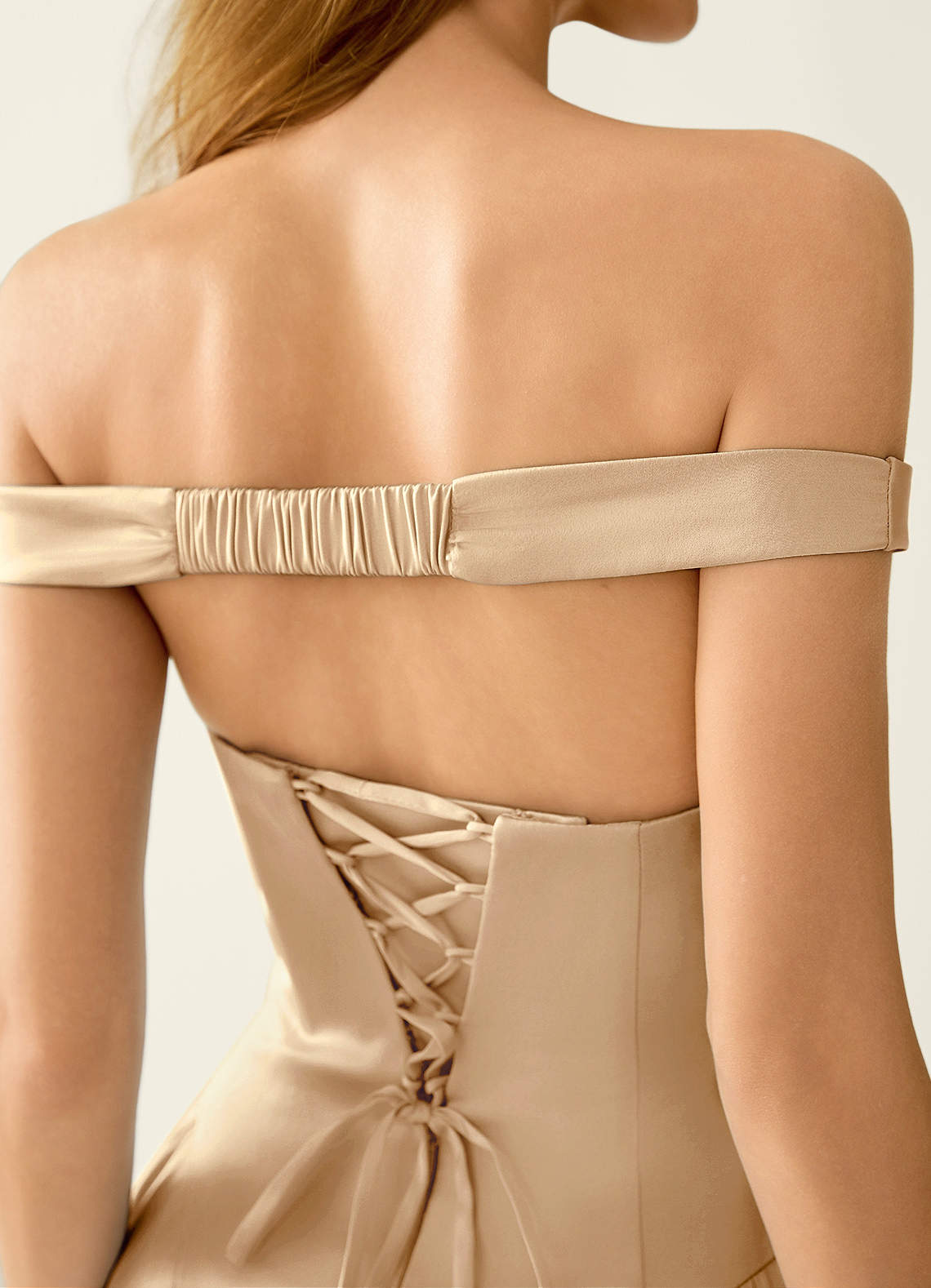 Tonietta A-Line Off-the-Shoulder Satin Prom Dress in Champagne