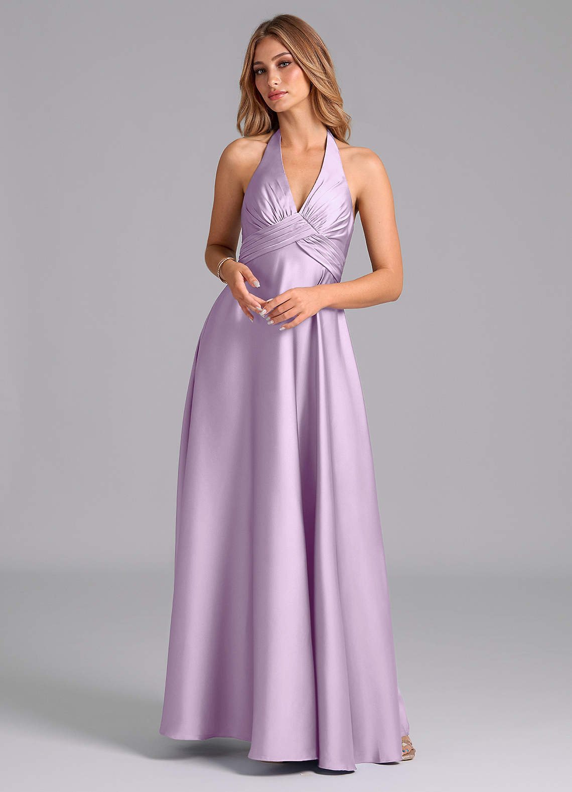 Tessie A-Line V-Neck Stretch Satin Bridesmaid Dress in Frosted Lilac