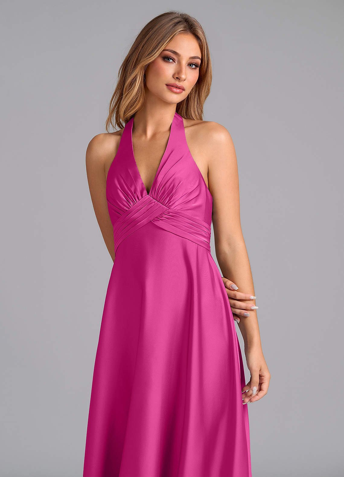 Tessie A-Line V-Neck Stretch Satin Bridesmaid Dress in Fuchsia