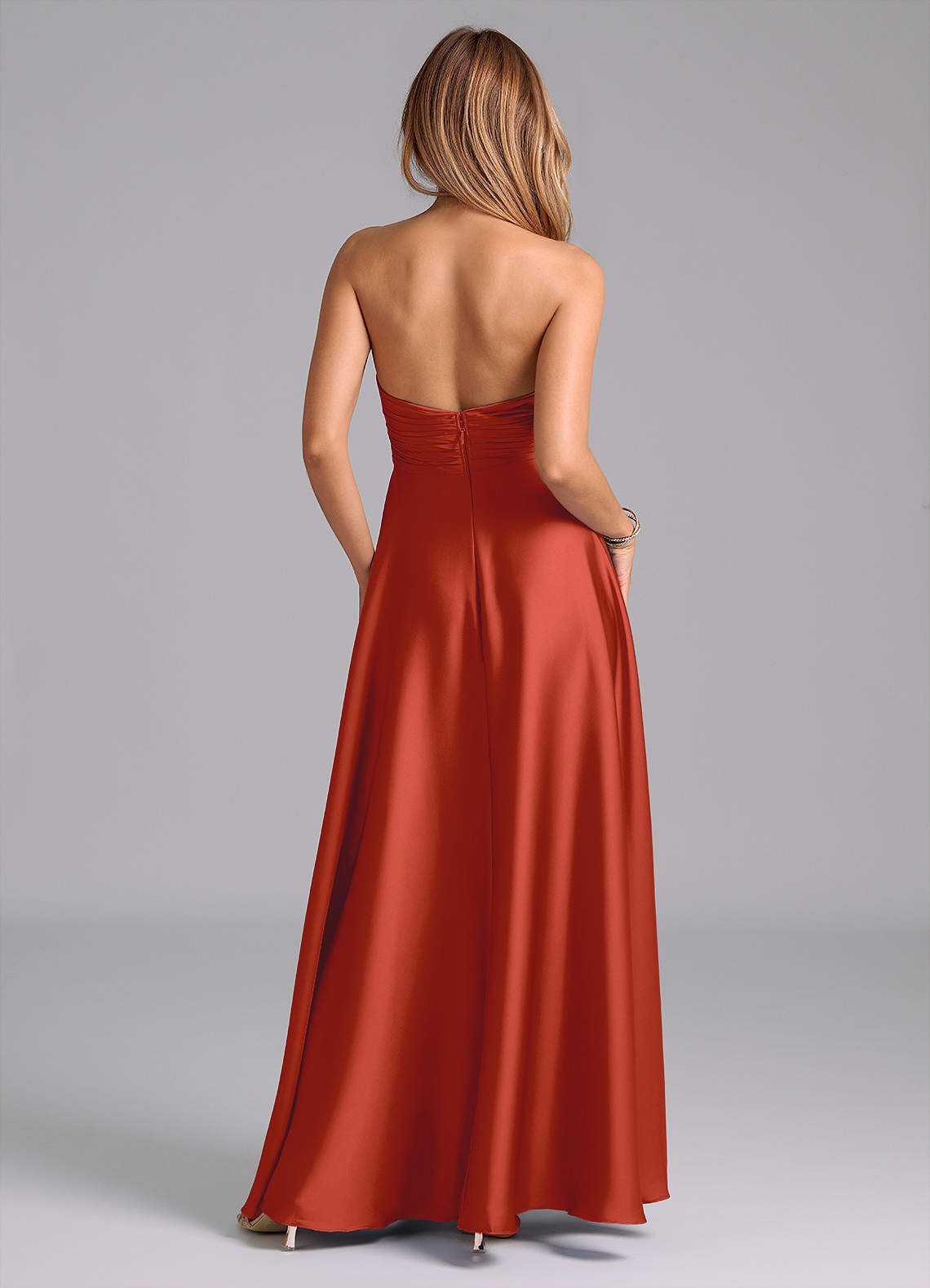 Tessie A-Line V-Neck Stretch Satin Bridesmaid Dress in Rust
