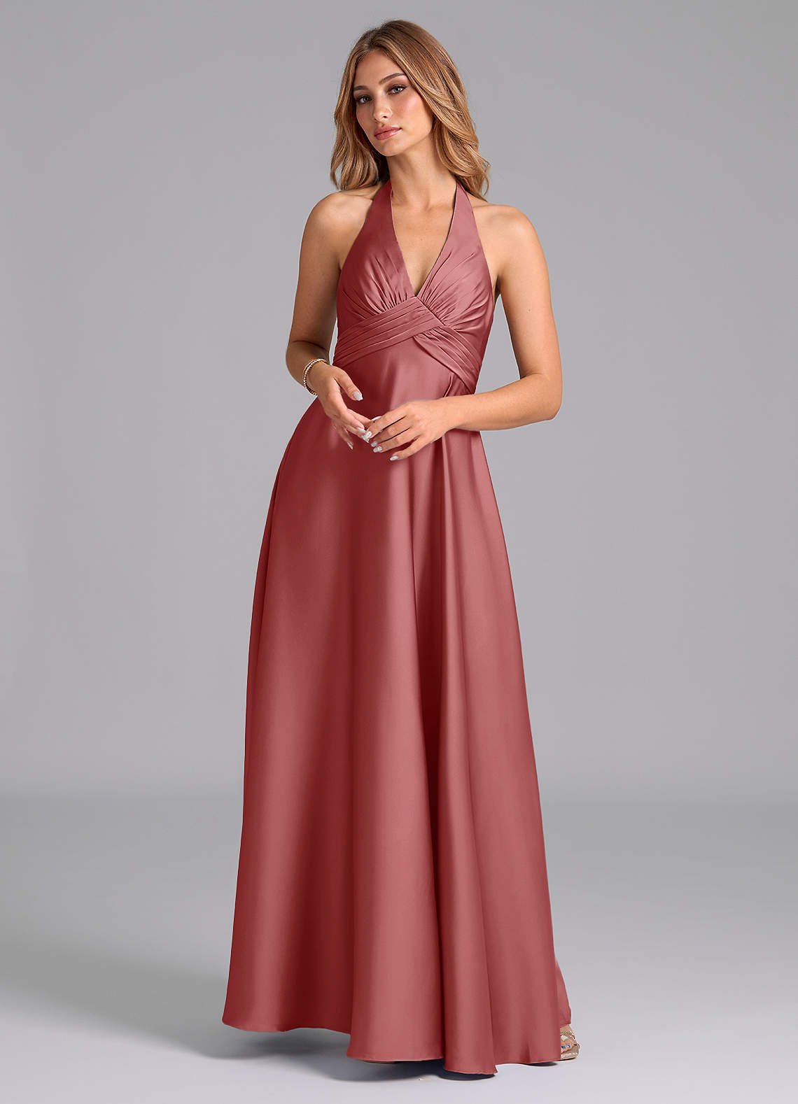 Tessie A-Line V-Neck Stretch Satin Bridesmaid Dress in Antique Rose