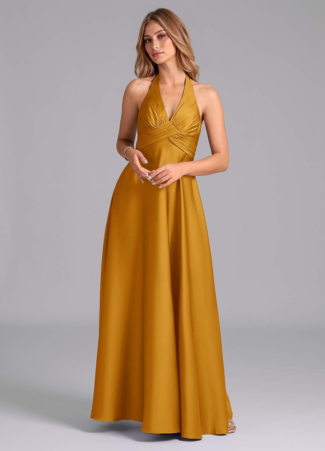 Tessie A-Line V-Neck Stretch Satin Bridesmaid Dress in butterscotch