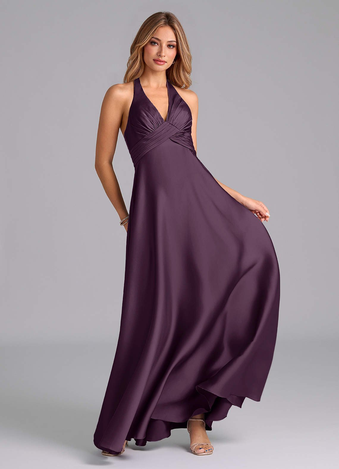 Tessie A-Line V-Neck Stretch Satin Bridesmaid Dress in Plum