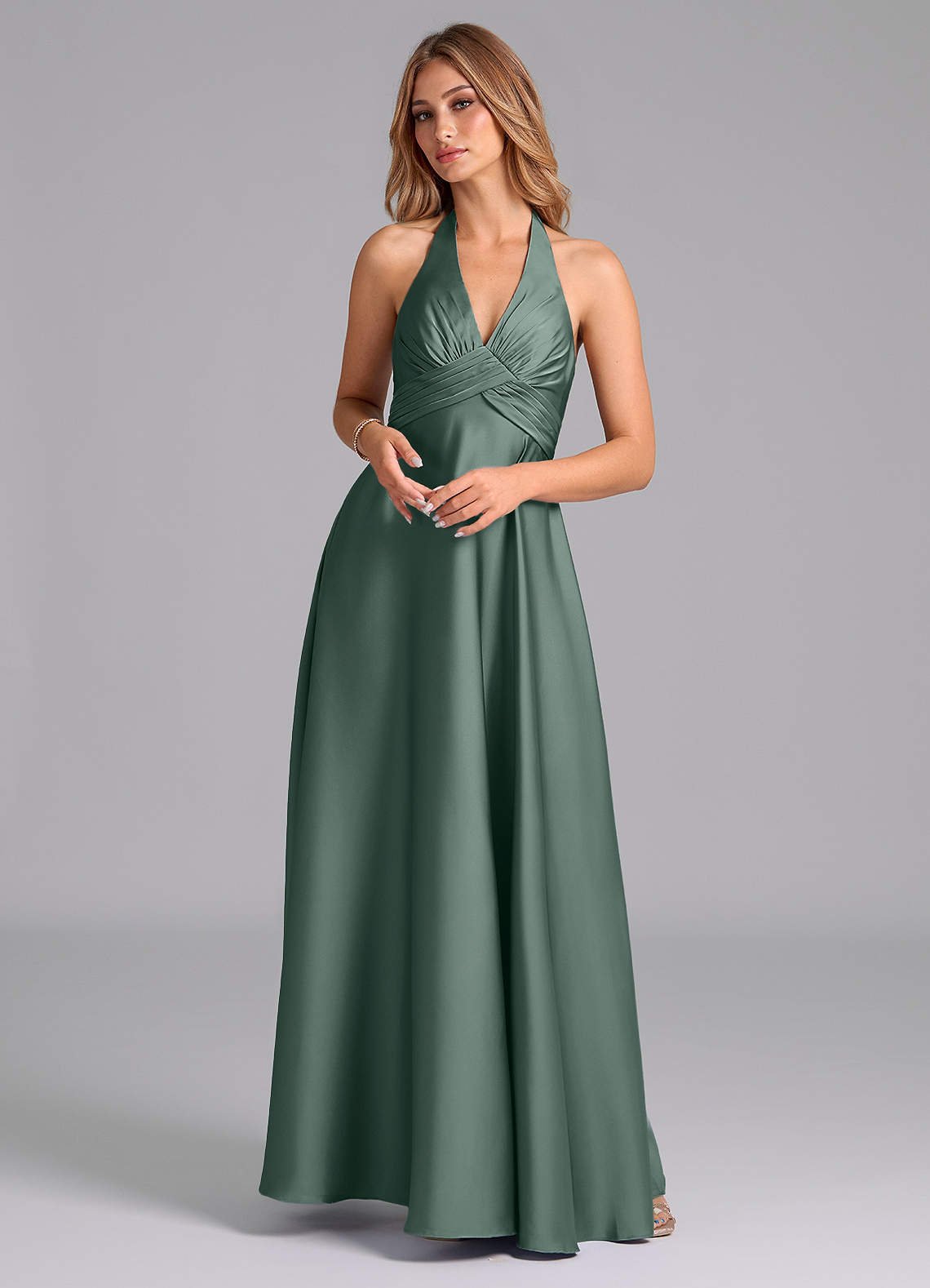 Tessie A-Line V-Neck Stretch Satin Bridesmaid Dress in Sea Moss