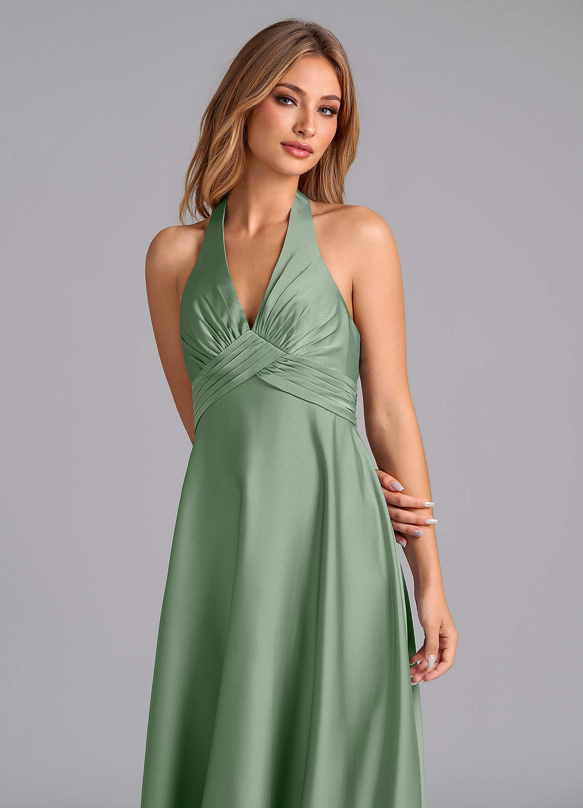 Tessie A-Line V-Neck Stretch Satin Bridesmaid Dress in Matcha