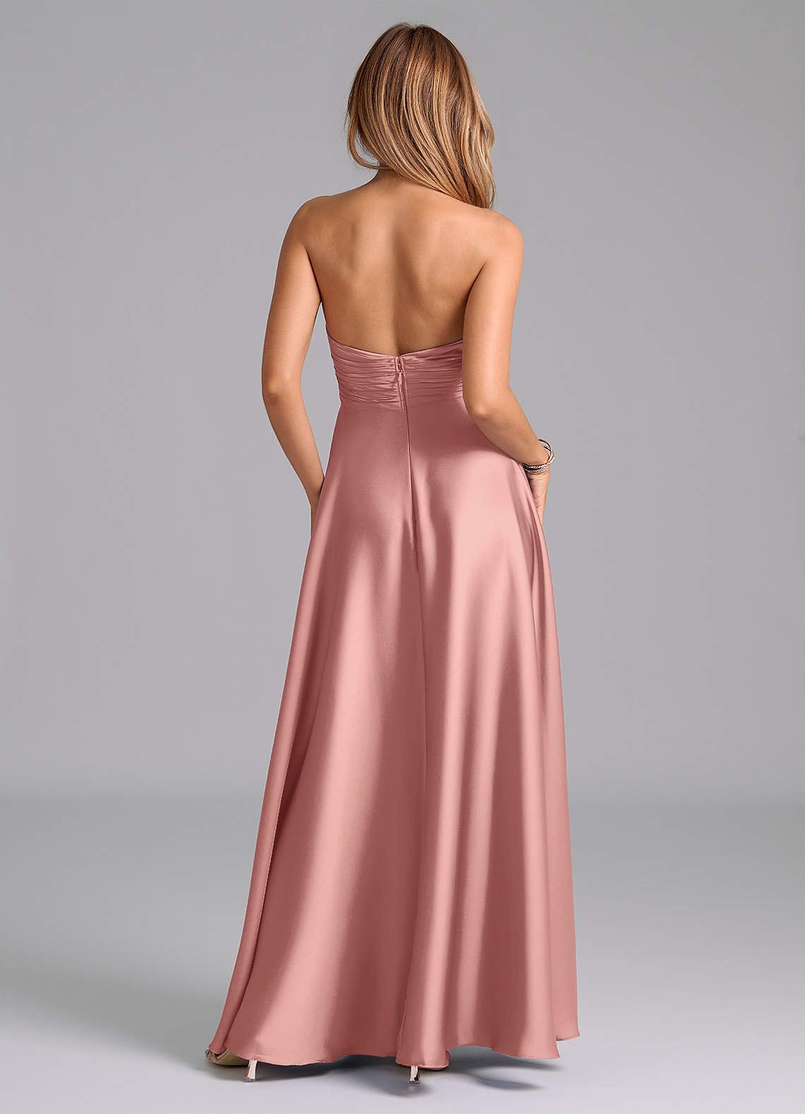 Tessie A-Line V-Neck Stretch Satin Bridesmaid Dress in Rosette