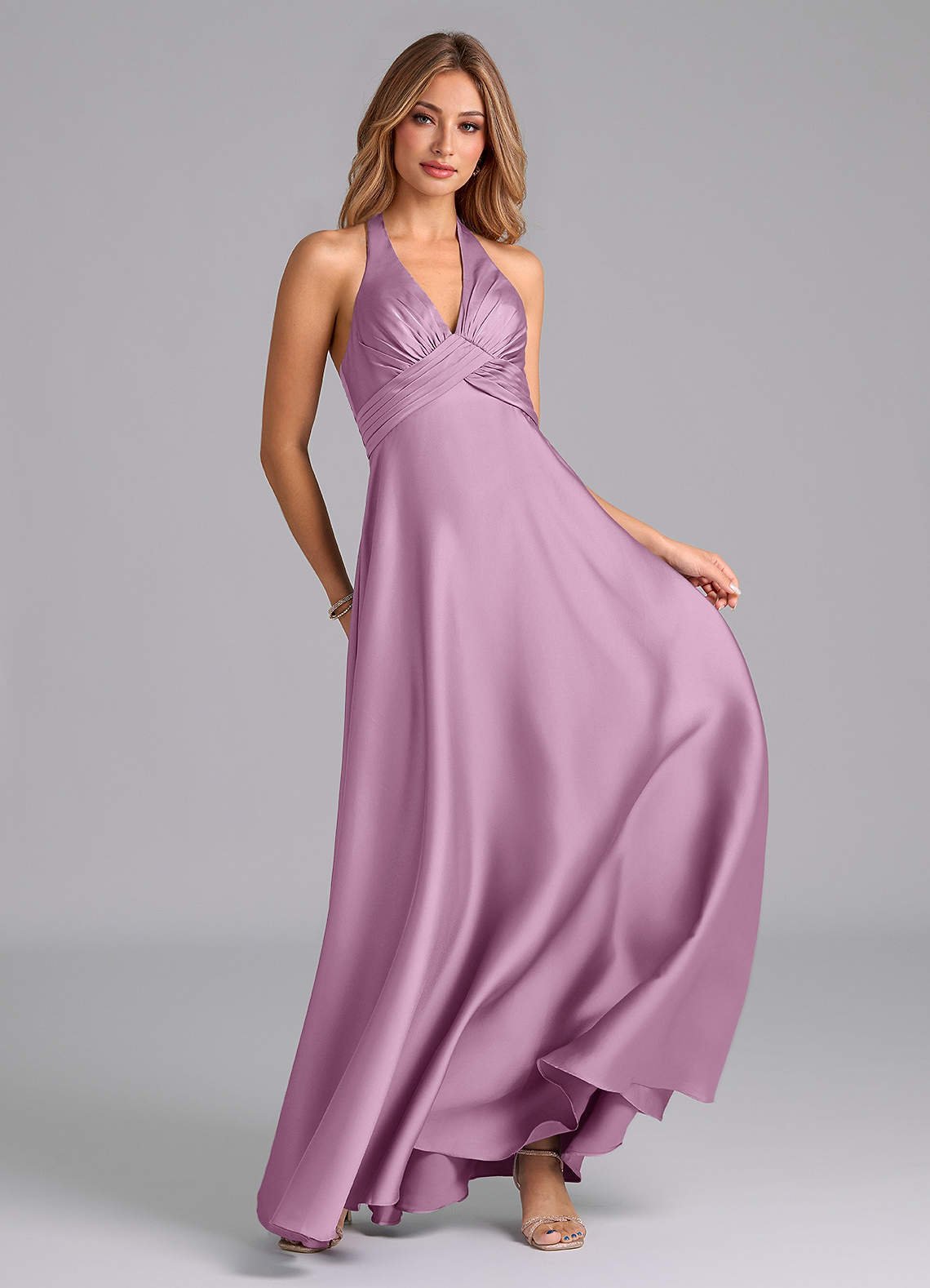 Tessie A-Line V-Neck Stretch Satin Bridesmaid Dress in Wisteria