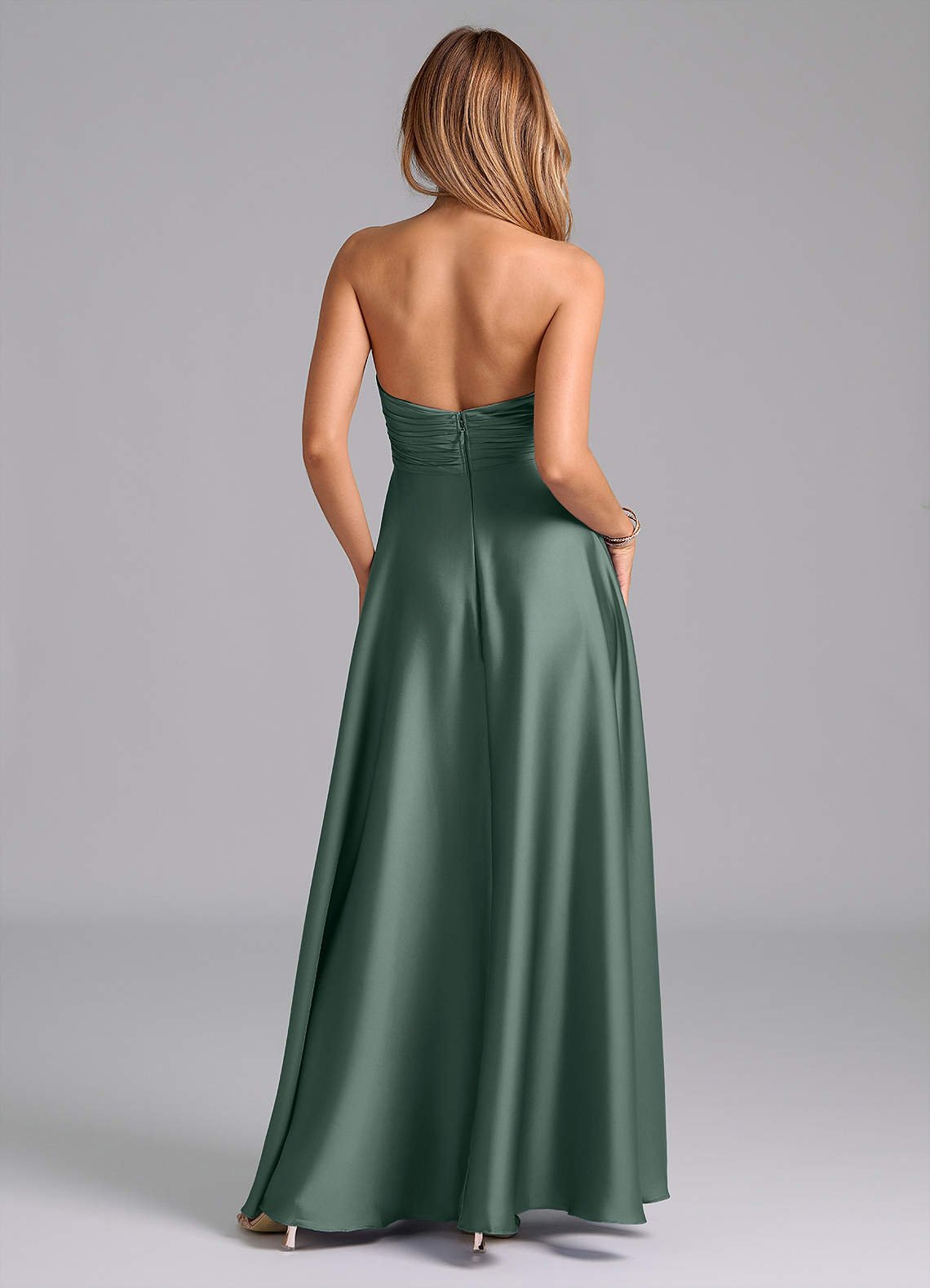 Tessie A-Line V-Neck Stretch Satin Bridesmaid Dress in Sea Moss