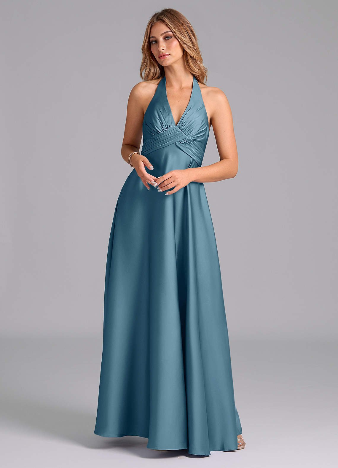 Tessie A-Line V-Neck Stretch Satin Bridesmaid Dress in Bermuda