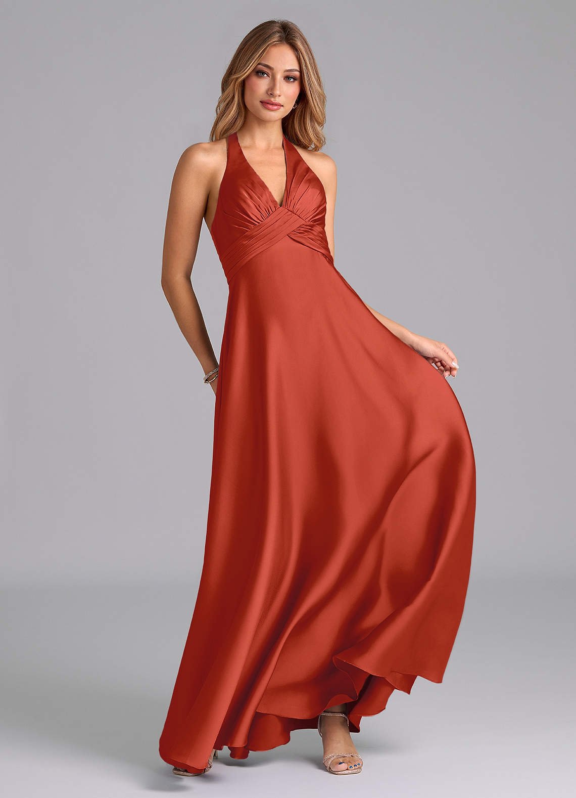 Tessie A-Line V-Neck Stretch Satin Bridesmaid Dress in Rust