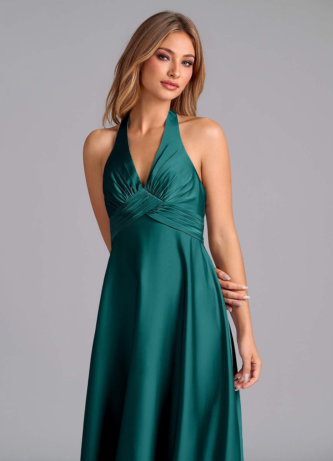 Tessie A-Line V-Neck Stretch Satin Bridesmaid Dress in Peacock