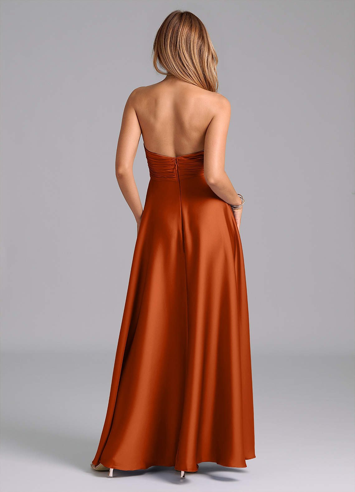 Tessie A-Line V-Neck Stretch Satin Bridesmaid Dress in Burnt Orange