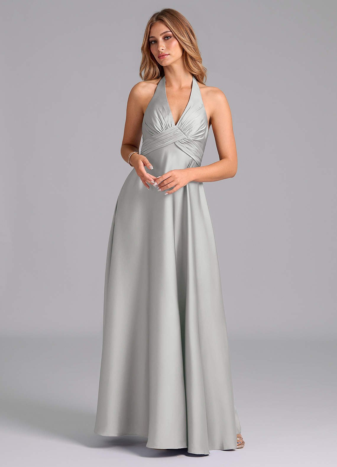 Tessie A-Line V-Neck Stretch Satin Bridesmaid Dress in Silver