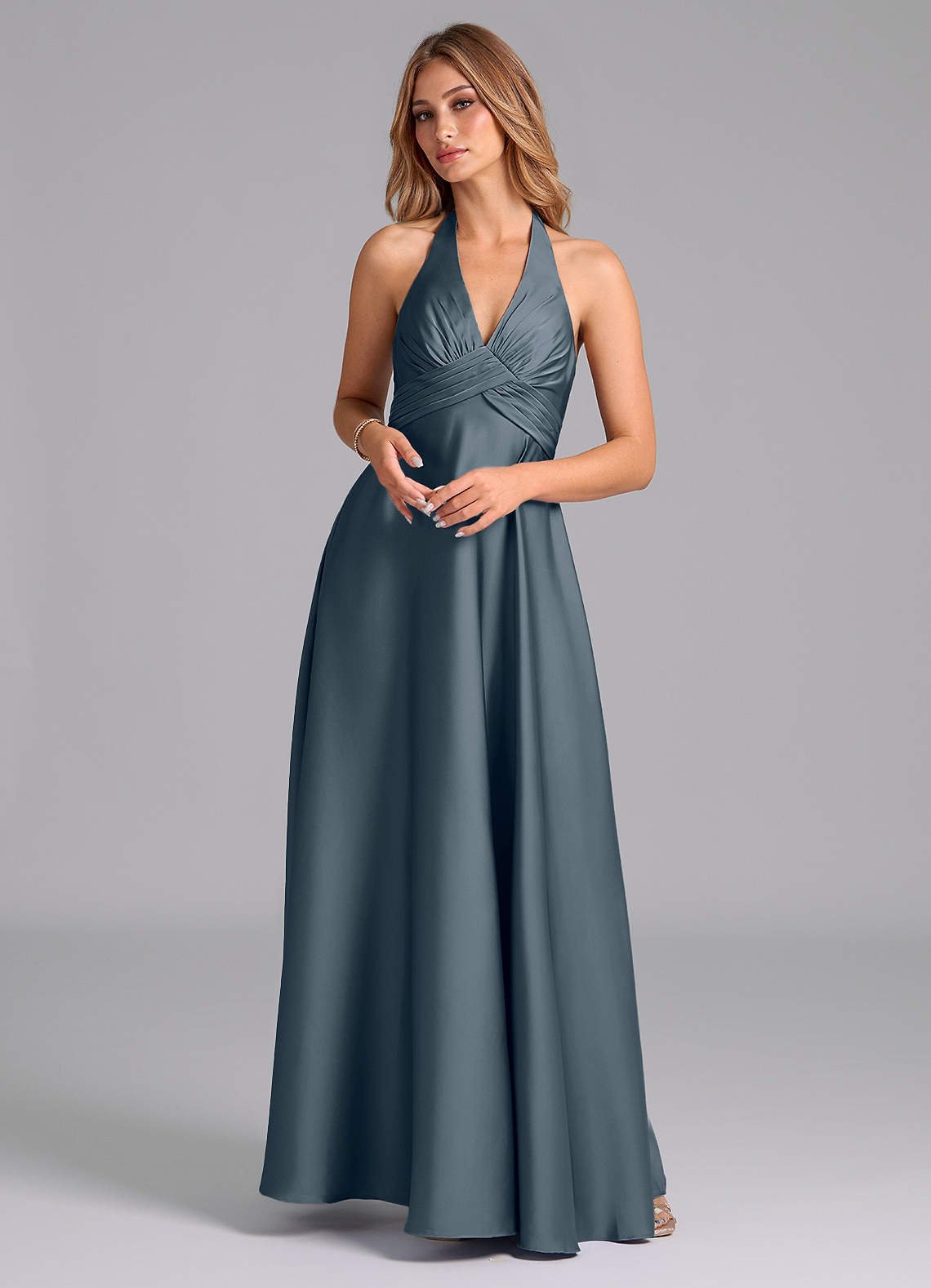 Tessie A-Line V-Neck Stretch Satin Bridesmaid Dress in Twilight